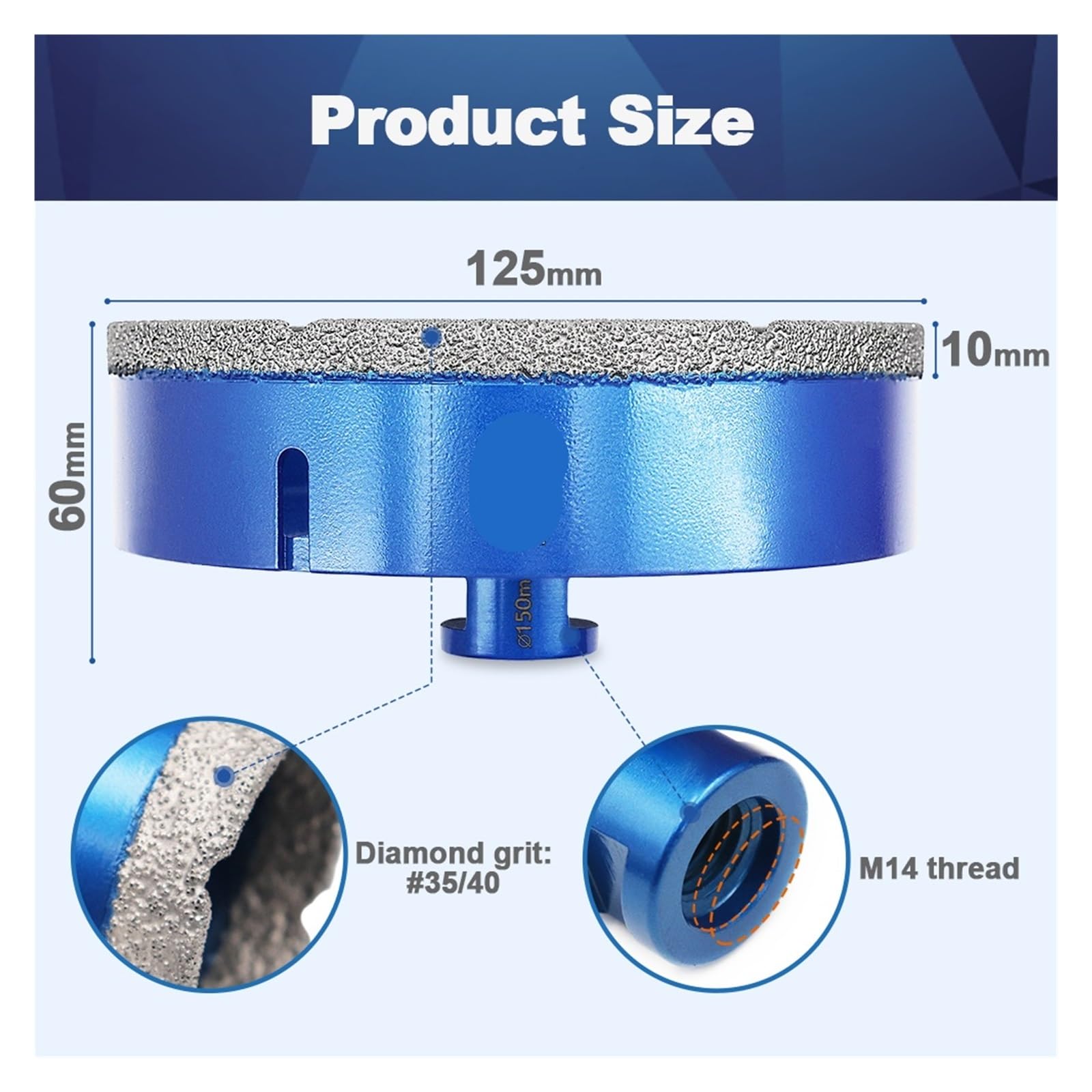 Punta Diamantata For Piastrelle, Diametro 100-150 Mm, 1 Pezzo, A Tazza For Ceramica, Granito, Porcellana(150mm M14)