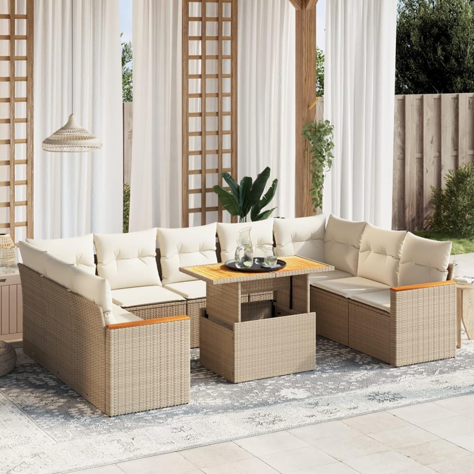 LAPOOH Set Divano da Giardino 10 pz con Cuscini Beige in Polyrattan,Set di Conversazione per Patio,Set Salotto da Esterno,Set Divano da Giardino Esterno-3273221