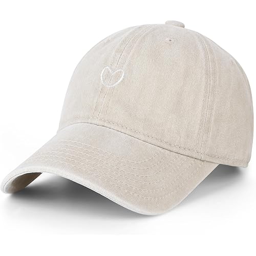 Vintage Washed Baseball Cap Women - Adjustable Distressed Twill Soft Cotton Ladies Hat Cute Love Heart Embroidered