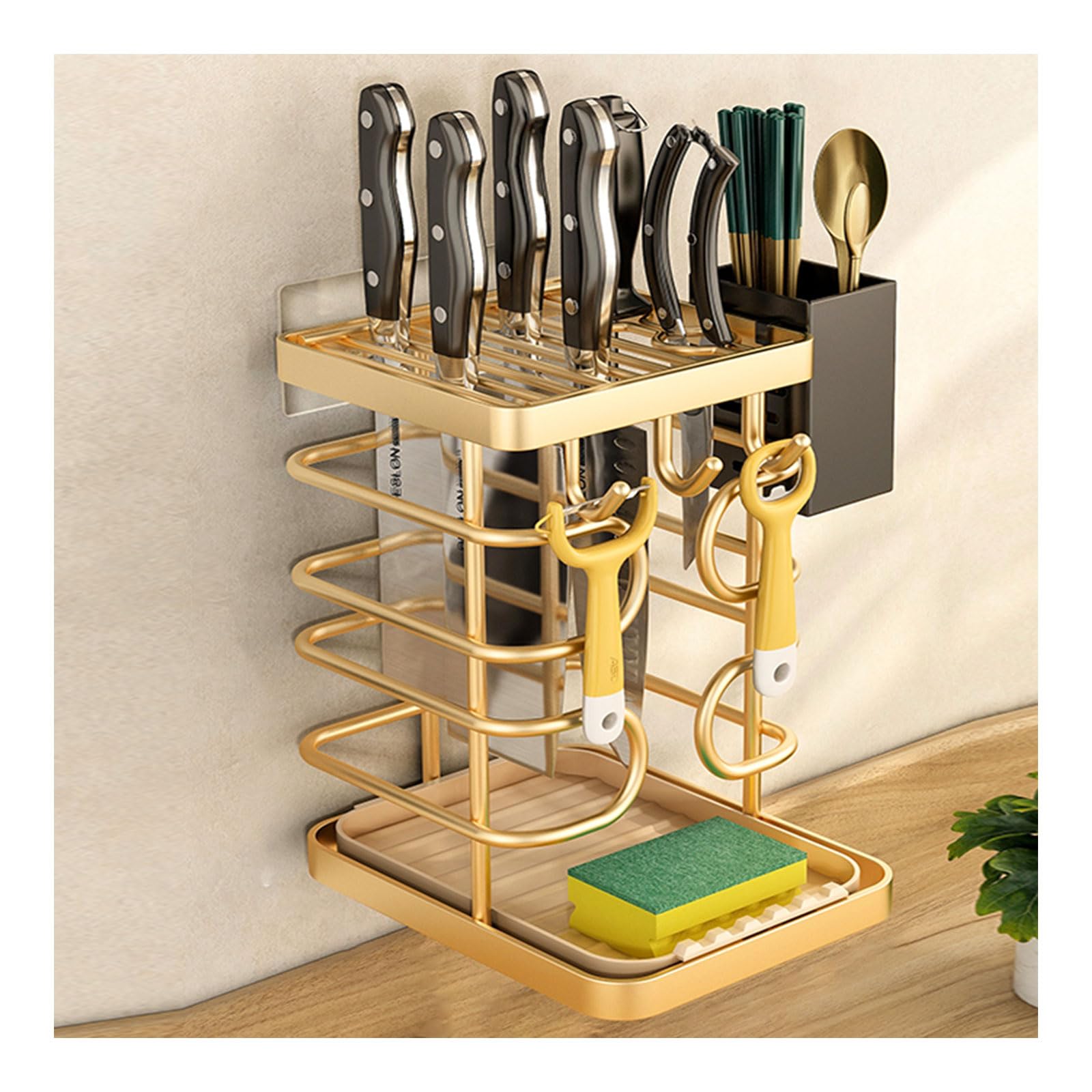 Dxcaicc Knife Block Holder,Kitchen Knife Organizer Storage,Carbon Steel Wire Countertop Organizer,Cookware Storage Stand Holder,Large Capacity Kitchen Tool Holder with Drip Tray,Gold