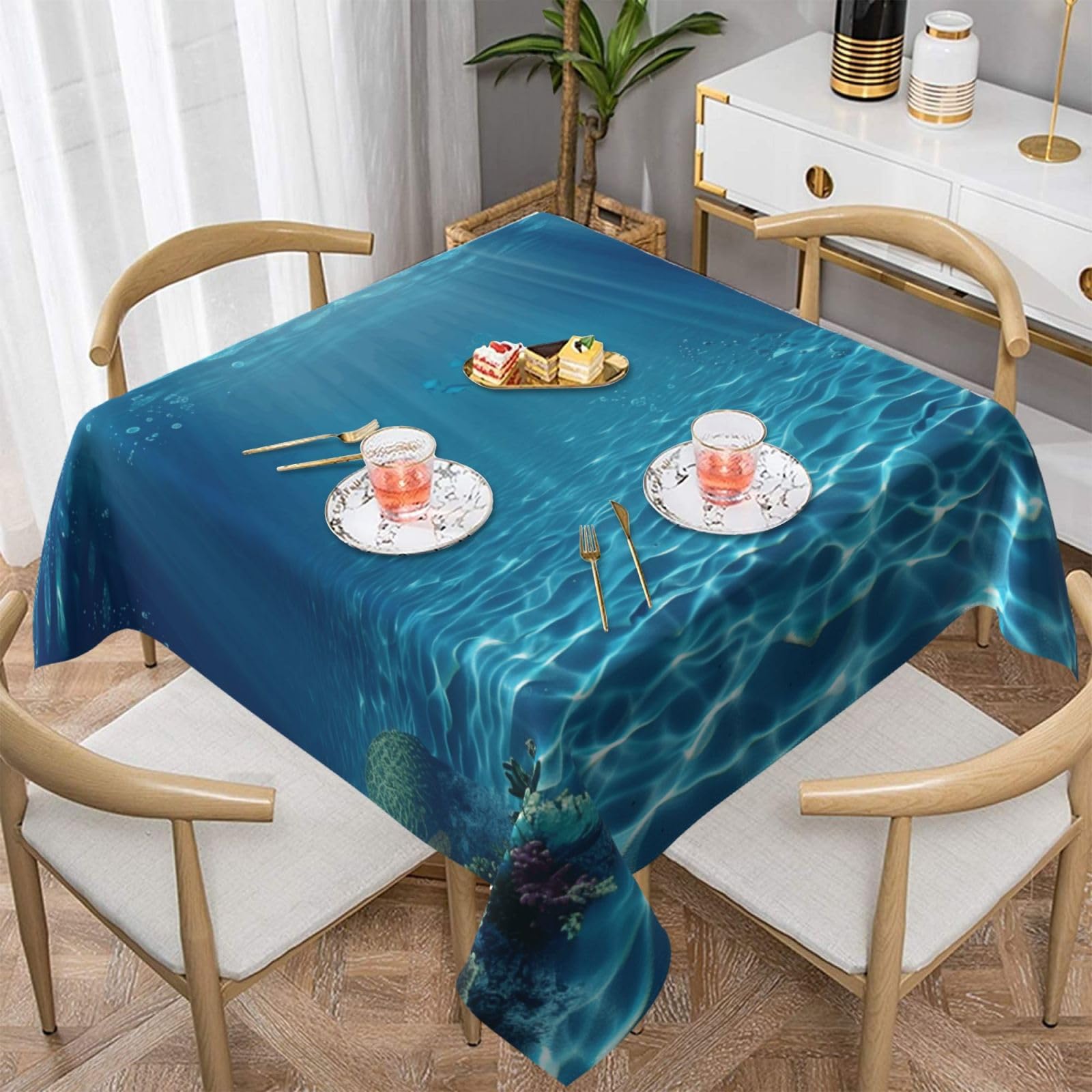 WPKJU Tranquil Underwater Scenery Printed Square Tablecloth 54x54 inch Water Resistant Table Cover Washable Rectangle Table Cloth for Dining Tables