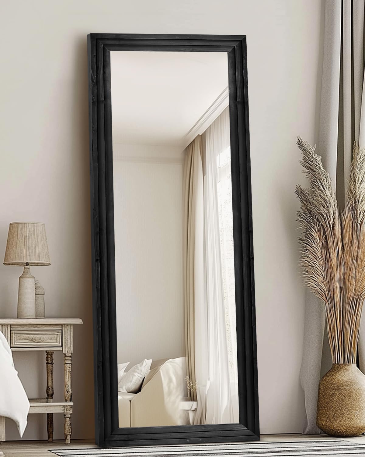 Lustro o pełnej długości 165 cm x 56 cm ze stojakiem, rama z litego drewna, podłogowe, duże lustro do salonu, sypialni, wiszące stojące lub pochylone na ścianie, nowe czarne