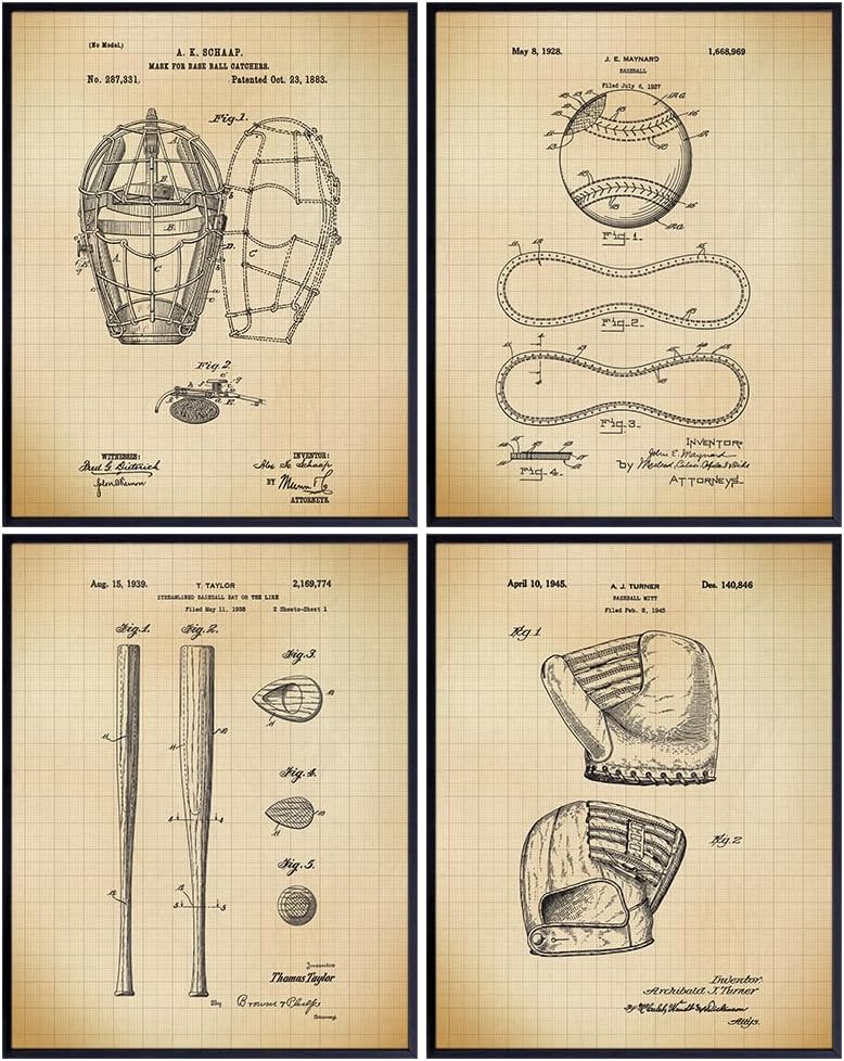 Kids Room Wall Art 11x14 - Vintage Baseball Patent Prints - Wall Art for Kids, Teens, Game Room, Den, Office - Unique Childrens Decor, Room Decor for Boy, Sports Fan - Bedroom Decor Set - Unframed