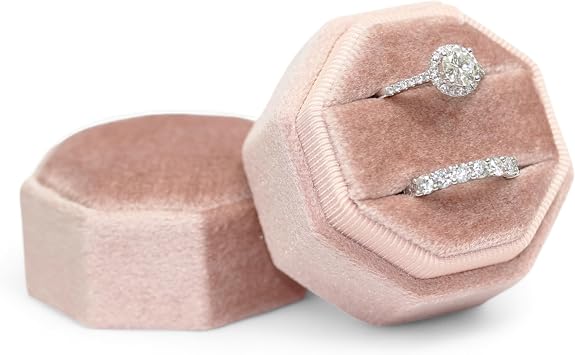 Velvet 2 Slots Jewelry Ring Box Engagement Wedding Box Keepsake Box Bridal Photo Ring Double Slots Octagon Blush Peach Velvet