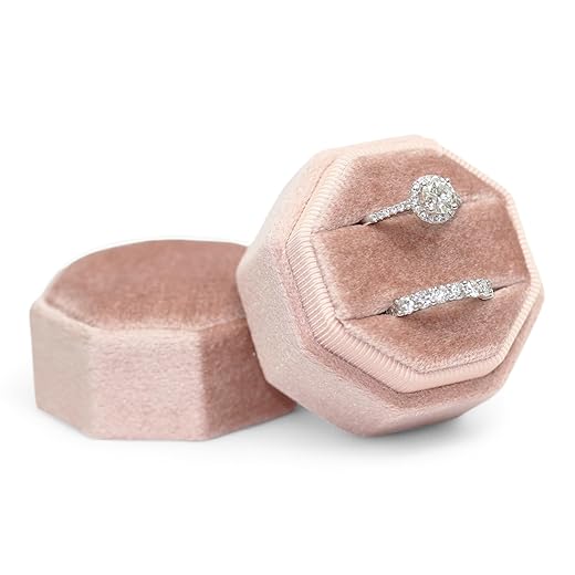 BLUTETE Velvet 2 Slots Jewelry Ring Box Engagement Wedding Box Keepsake Box Bridal Photo Ring Double Slots Octagon (Blush Peach Velvet)
