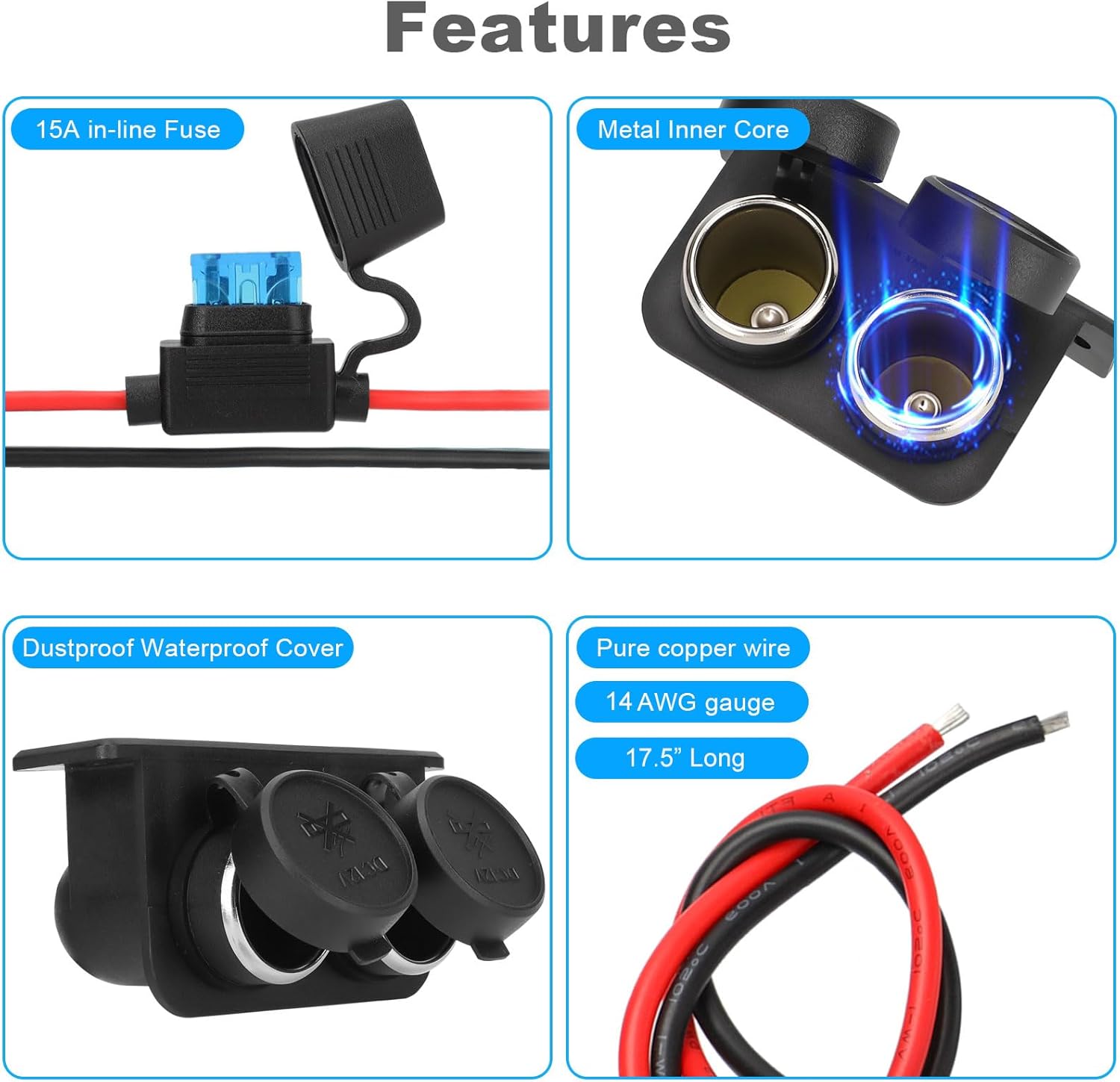 2PCS Cigarette Lighter Socket with Blade Fuse, 2-Socket Cigarette Lighter Splitter 12V Lighter Power Outlet Replacement Waterproof Plug for Car Marine Truck ATV RV