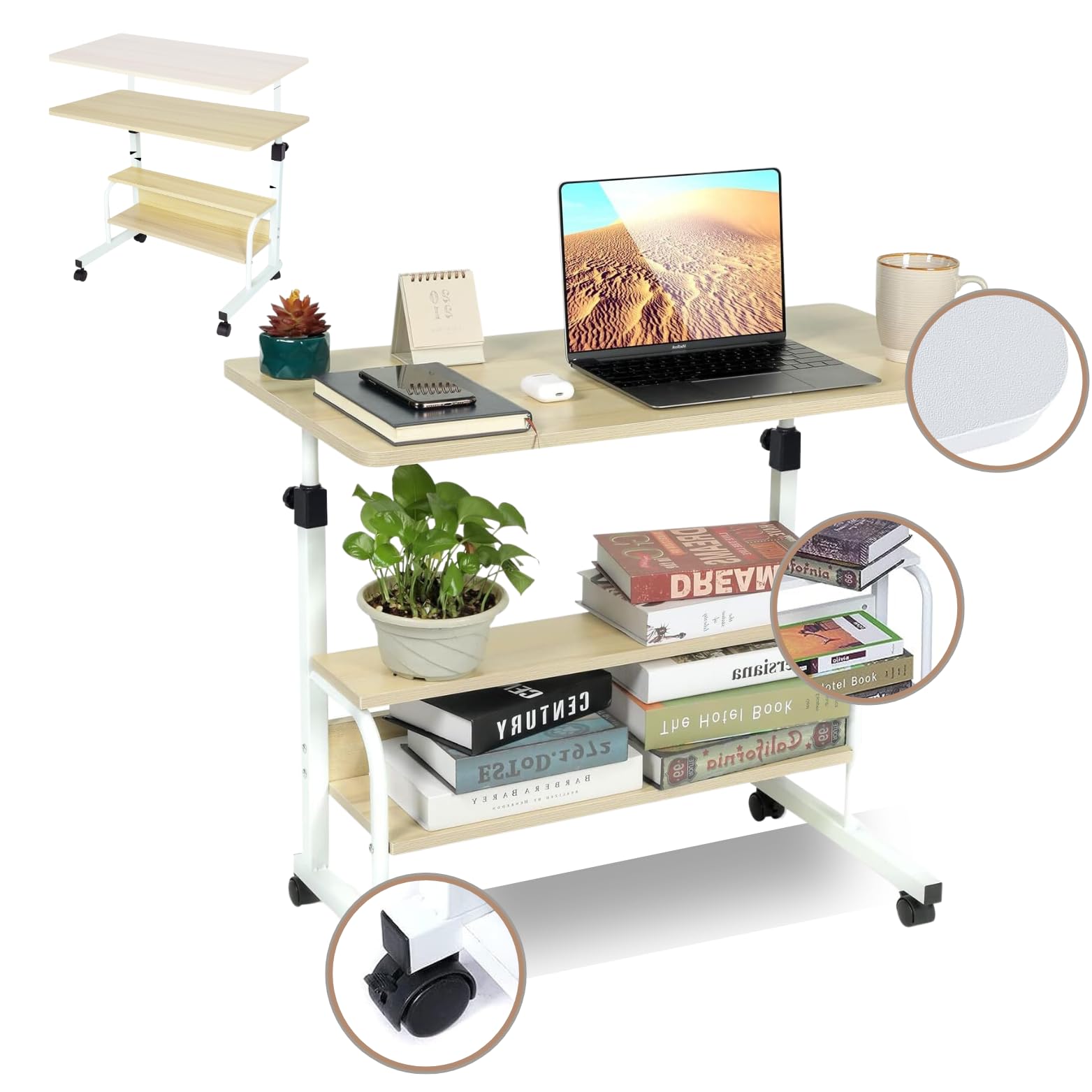 Mesa Ordenador portátil con Ruedas - Mesa Auxiliar 60x40cm - Mesa Ordenador pequeña portátil estantería Inferior - Escritorio Altura Regulable - Escritorio portátil