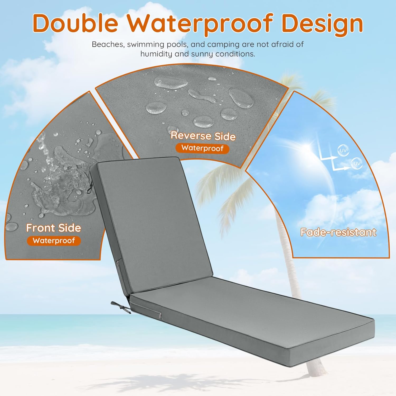 Lounge Chair Cushion 72x21x3 Inch,Waterproof Chaise Lounge Cushion with Non-Slip Bottom, Double Piping Chaise Lounge Cushions Outdoor with Removable Cover,Dark Gray