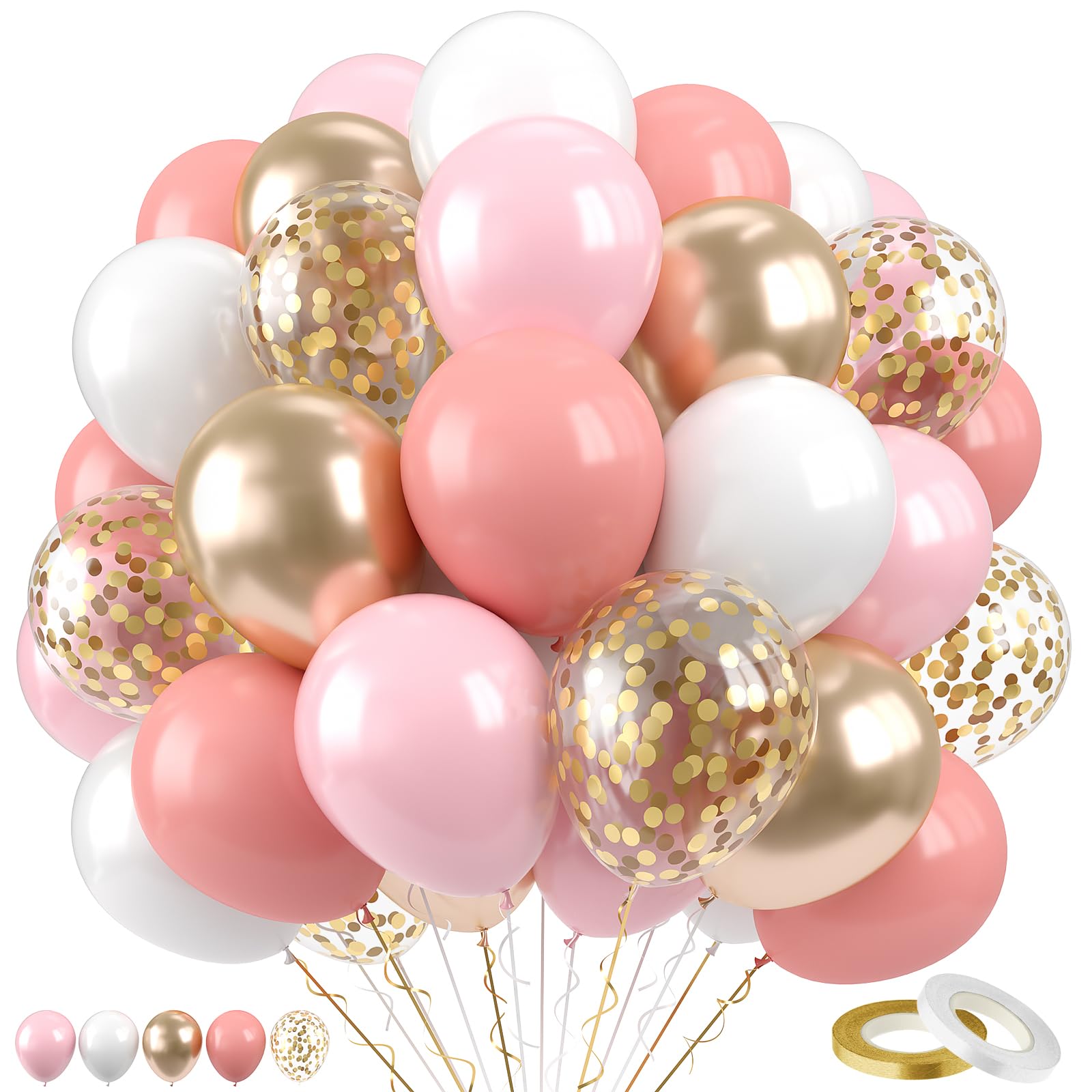 Paready Pink Gold White Balloons Set, 60 Pcs Metallic Gold Pink Balloons, 12 Inch Dusty Pastel Pink White Confetti Balloon For Boho Birthday Bridal
