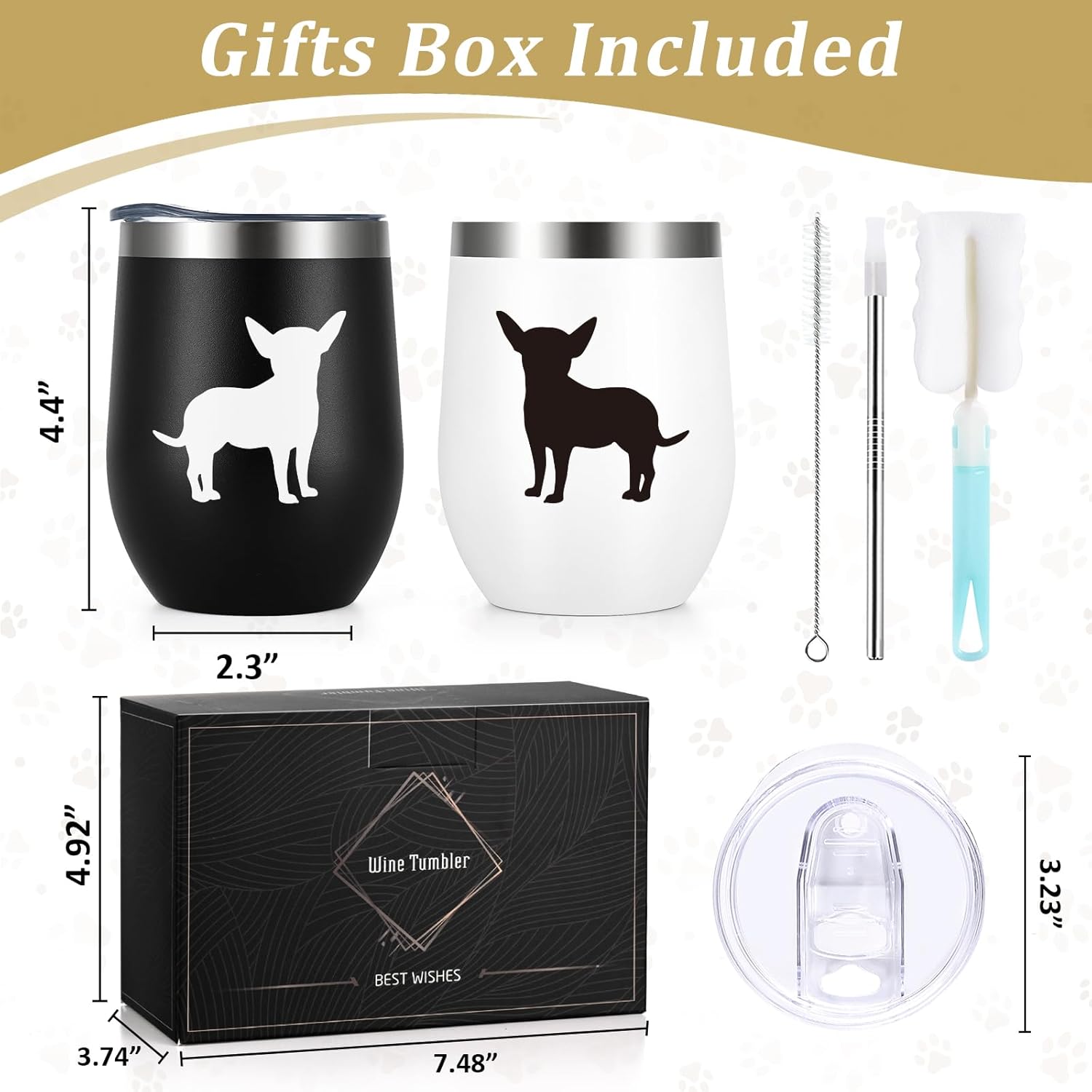 Lifecapido Chihuahua Gifts, Chihuahua Silhouette 12oz Stainless Steel Wine Tumbler Set of 2, Birthday Gifts Christmas Gifts for Dog Lovers Dogs Parents Dogs Mom Dog Dad, Black and White