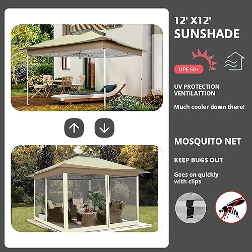 Miniatura 7 de COBIZI Gazebo desplegable de 12 x 12 pulgadas, toldo de metal impermeable para exteriores, kiosco portátil con mosquiteros, 4 cuerdas, 8 estacas y