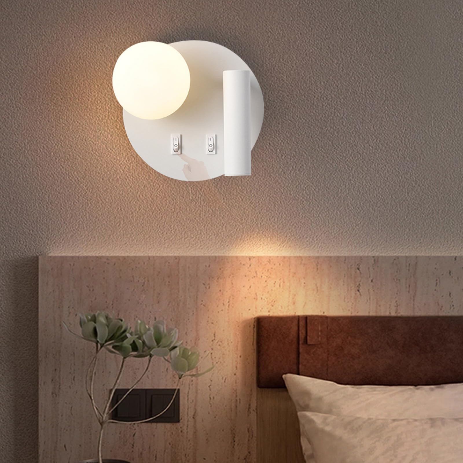 Aplique de pared LED redondo blanco con doble interruptor para dormitorio 8