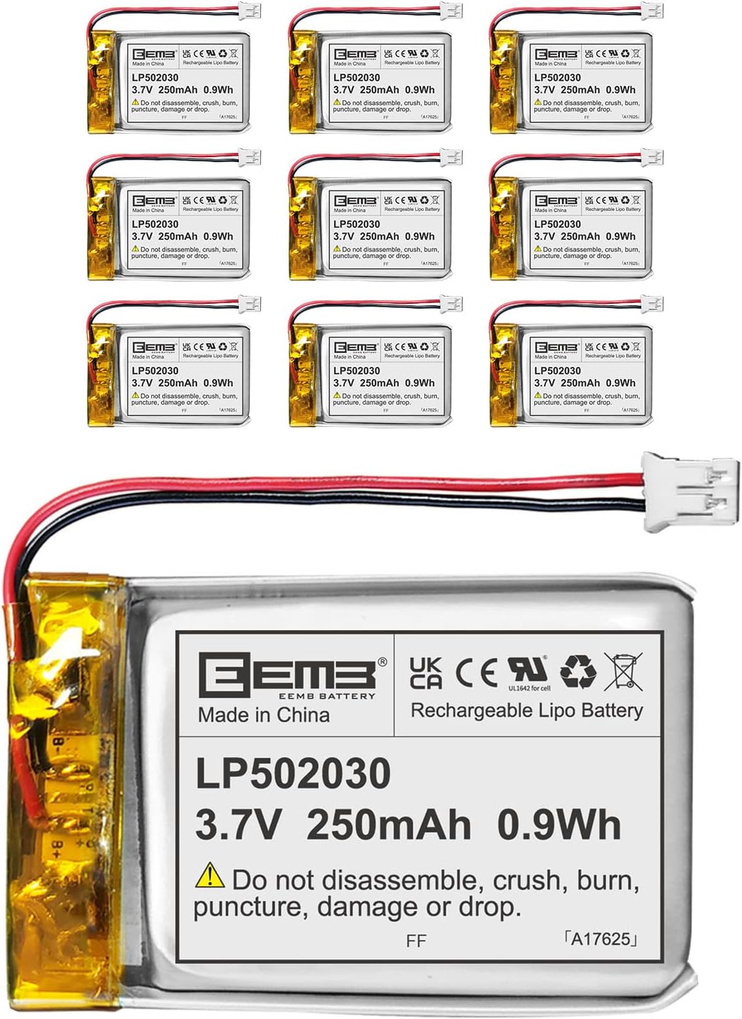 EEMB3.7V Li-ion 502030 Battery 250mAh Lipo Battery Rechargeable Lithium Polymer ion Battery Pack with JST Connector (10) Make Sure Device Polarity Matches with Battery Before Purchase!
