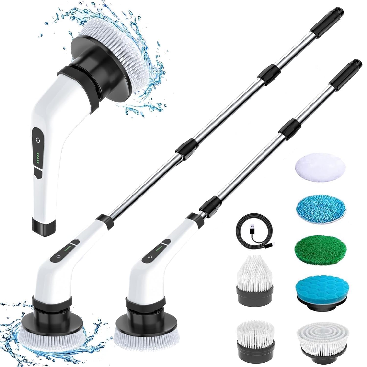 Lufjika Electric Spin Scrubber,Full Body Waterproof Cordless Cleaning Brush with 7 Replaceable Brush Heads Power Scrubber Shower Adjustable&Detachable Handle for Bathroom,Tub,Tile,Floor,Car (A2),White