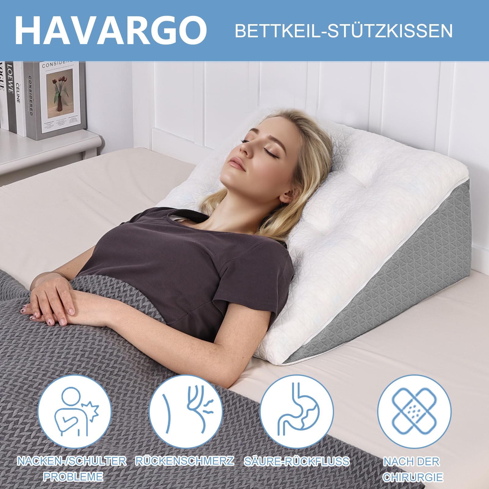 Keilkissen für Bett und Sofa-Doppelte Lage Memory Schaum Lesekissen-Ergonomischer Bettkeil für Reflux Schlafapnoe, Perfekt Rückenkissen für Rückenunterstützung beim Spielen -55X55X25cm