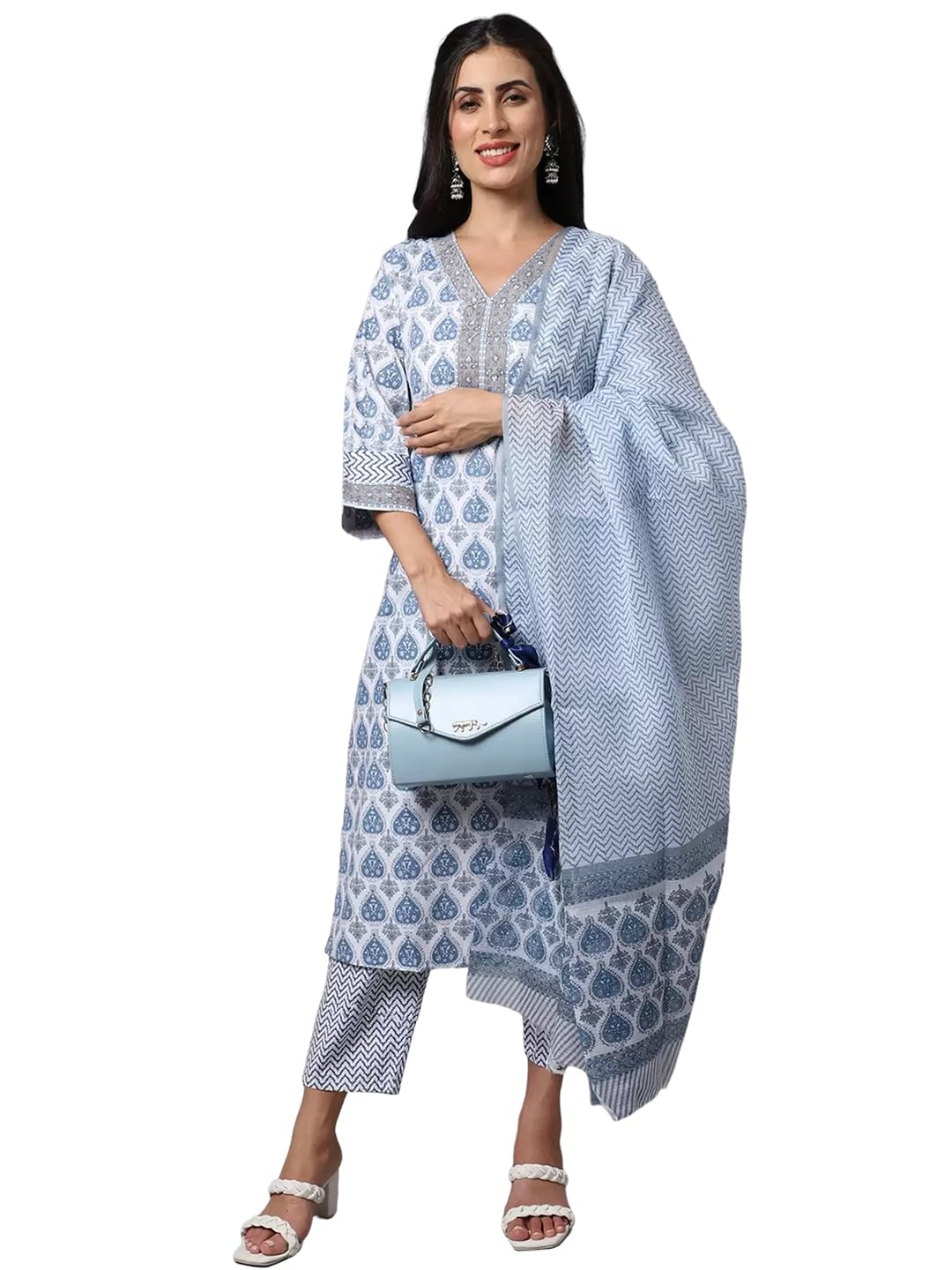 Tee Projekt Women's Cotton Blend Kurta Set With Dupatta | Kurta Set For Women | Festive Kurta Set For Women | Regular Fit Kurta Blue