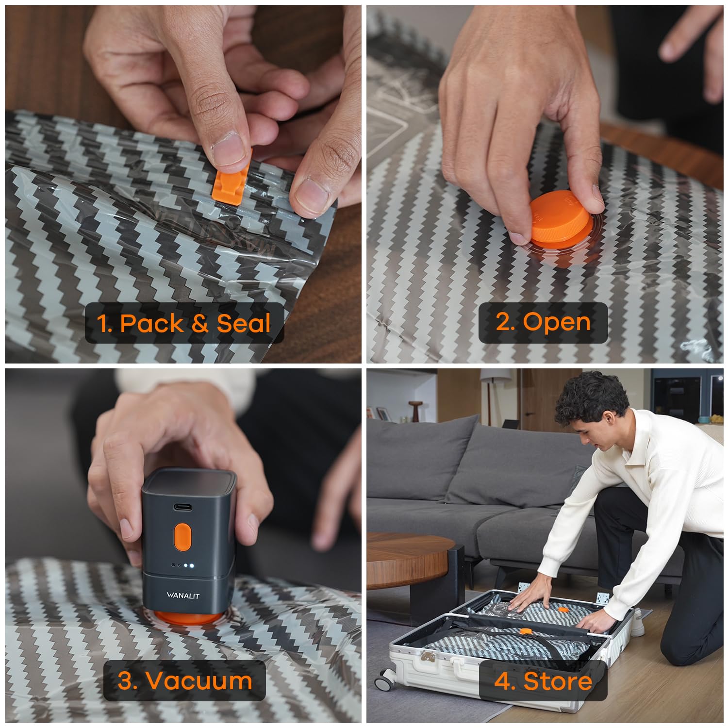 WANALIT Reise-Vakuumbeutel mit wiederaufladbarer Luftpumpe, Handgepäck-Kompressionsbeutel, platzsparende Vakuumbeutel für Kleidung, Verpackung in Kabinentasche, karierter Koffer, 20 Kombi, 4