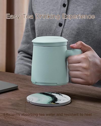 Vista 12 de ZENS Taza de té con infusor y tapa para té de hojas sueltas, taza de té de cerámica de 15.2 onzas con coladores de té finos y posavasos de Negro&azul