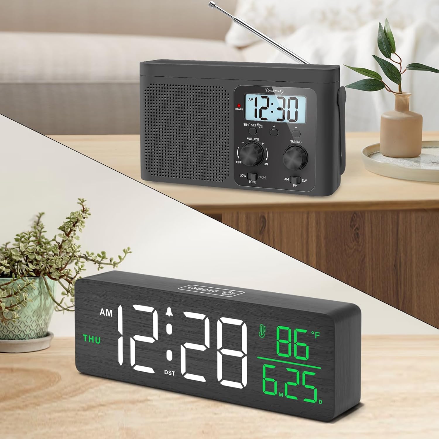 DreamSky AM FM Shortwave Radio and Wooden Alarm Clock with Date