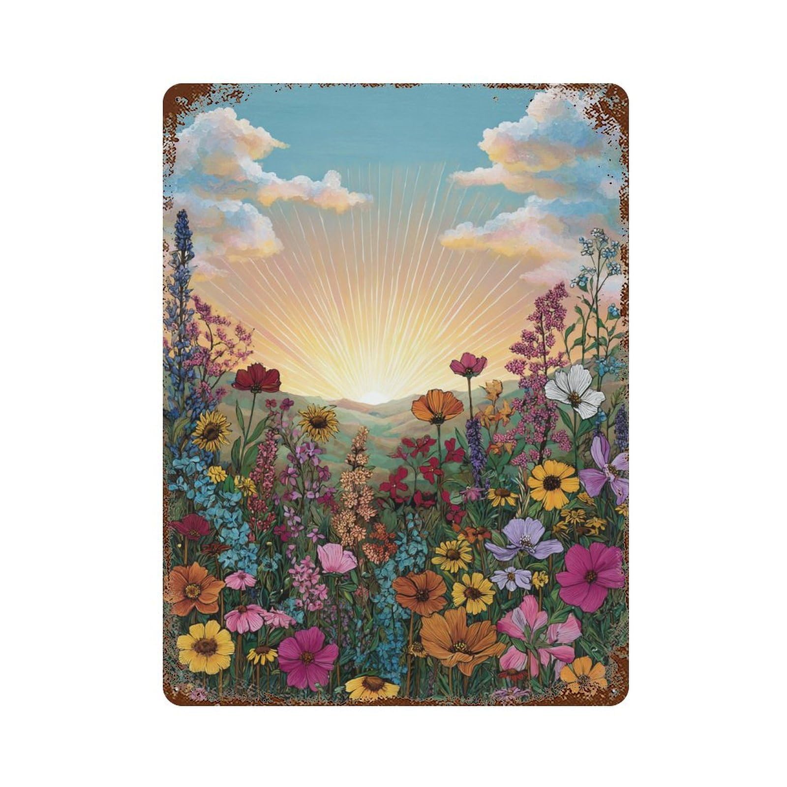 Wildflower Sunset Garden Rust Effect Tin Sign 15.7"x11.8", Vintage Wall Decor for Pub, Kitchen And Man Cave Decor