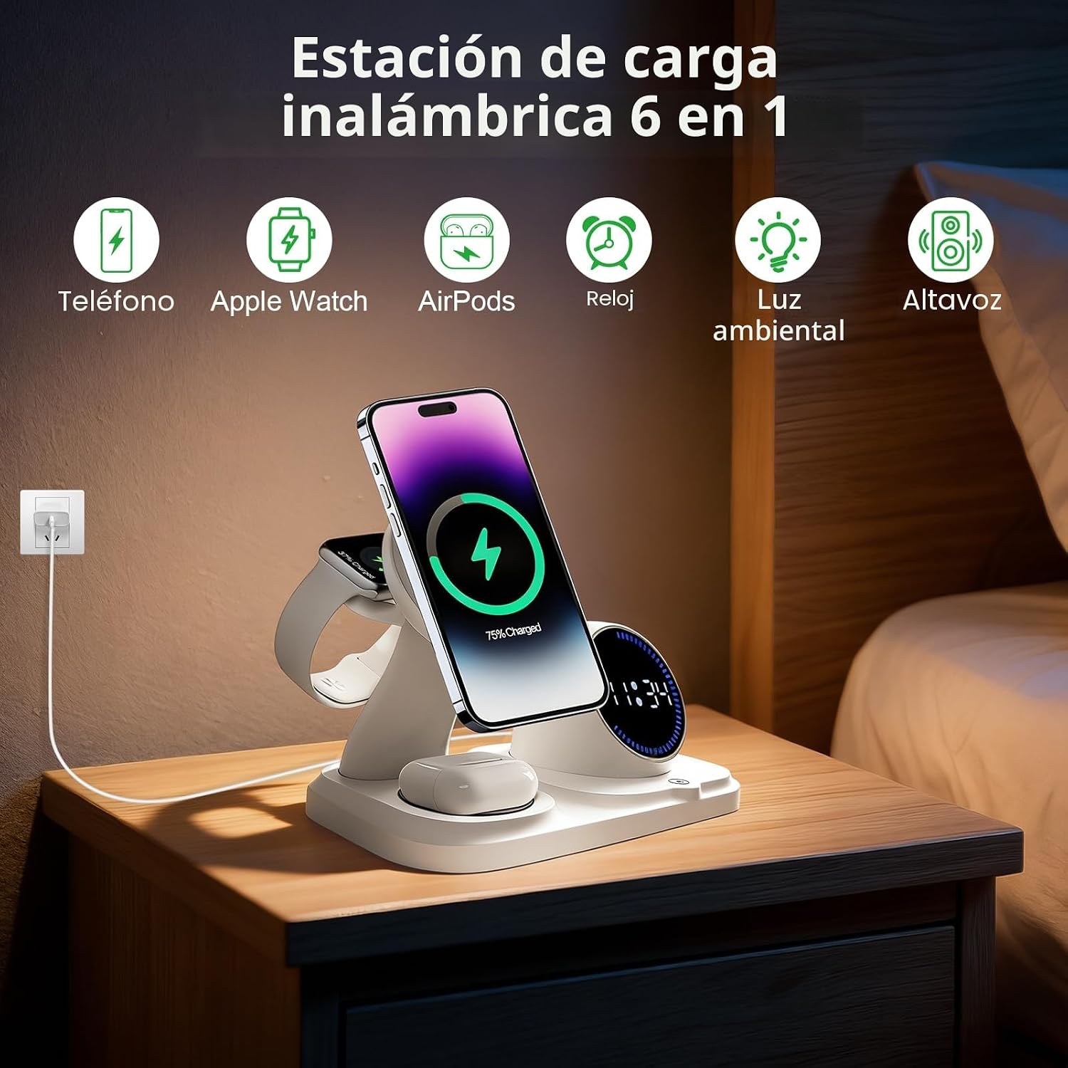 6 en 1 Cargador inalámbrico para iPhone con Altavoz Bluetooth, estación de Carga rápida para iPhone 17/16/15/14/13/12/11/Pro/Max/Plus, para Apple Watch y AirPods 4