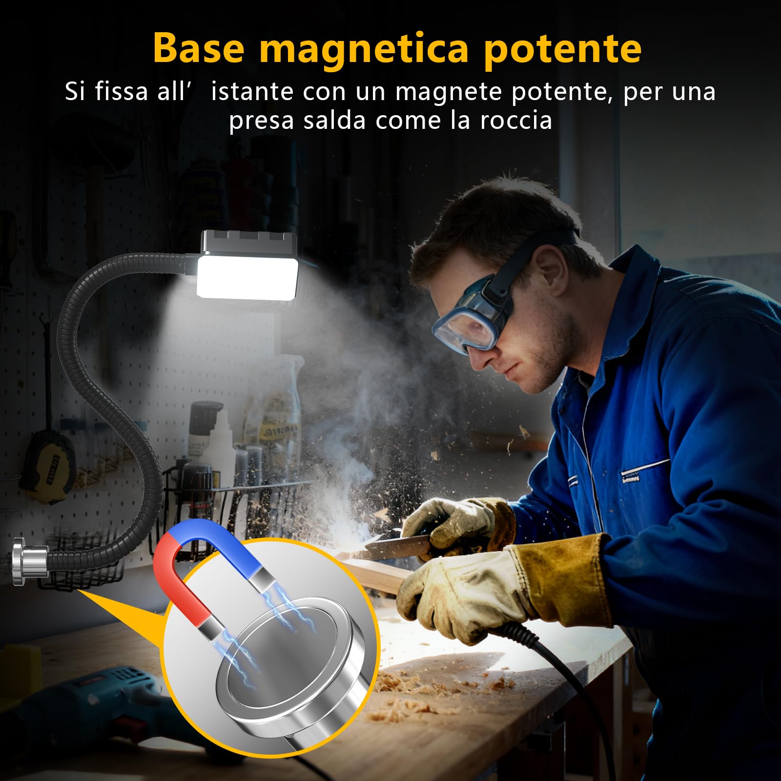 Lampada da lavoro magnetica, LED 15W 6000K per macchine, con collo d'oca flessibile e base magnetica potente, per banco da lavoro, cucito, tornio, barbecue, officina, illuminazione industriale