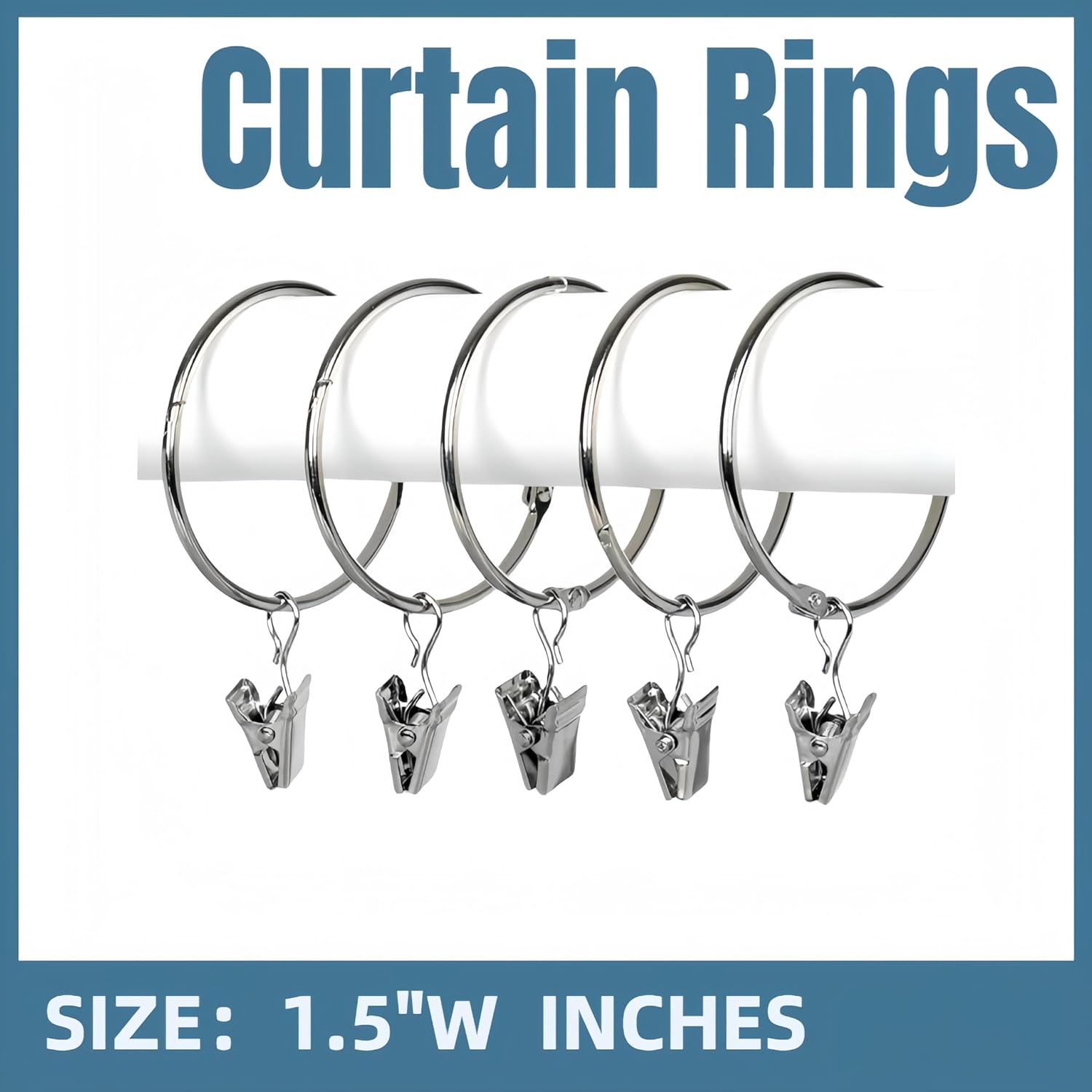 Easy Open Curtain Rings with Clips - 22 Pack Heavy Duty 6.6lb Capacity, Rustproof Metal for 1.5" Rods | No Remove Rod Design | Silver Hooks for Drapes, Blackout & Hotel Use