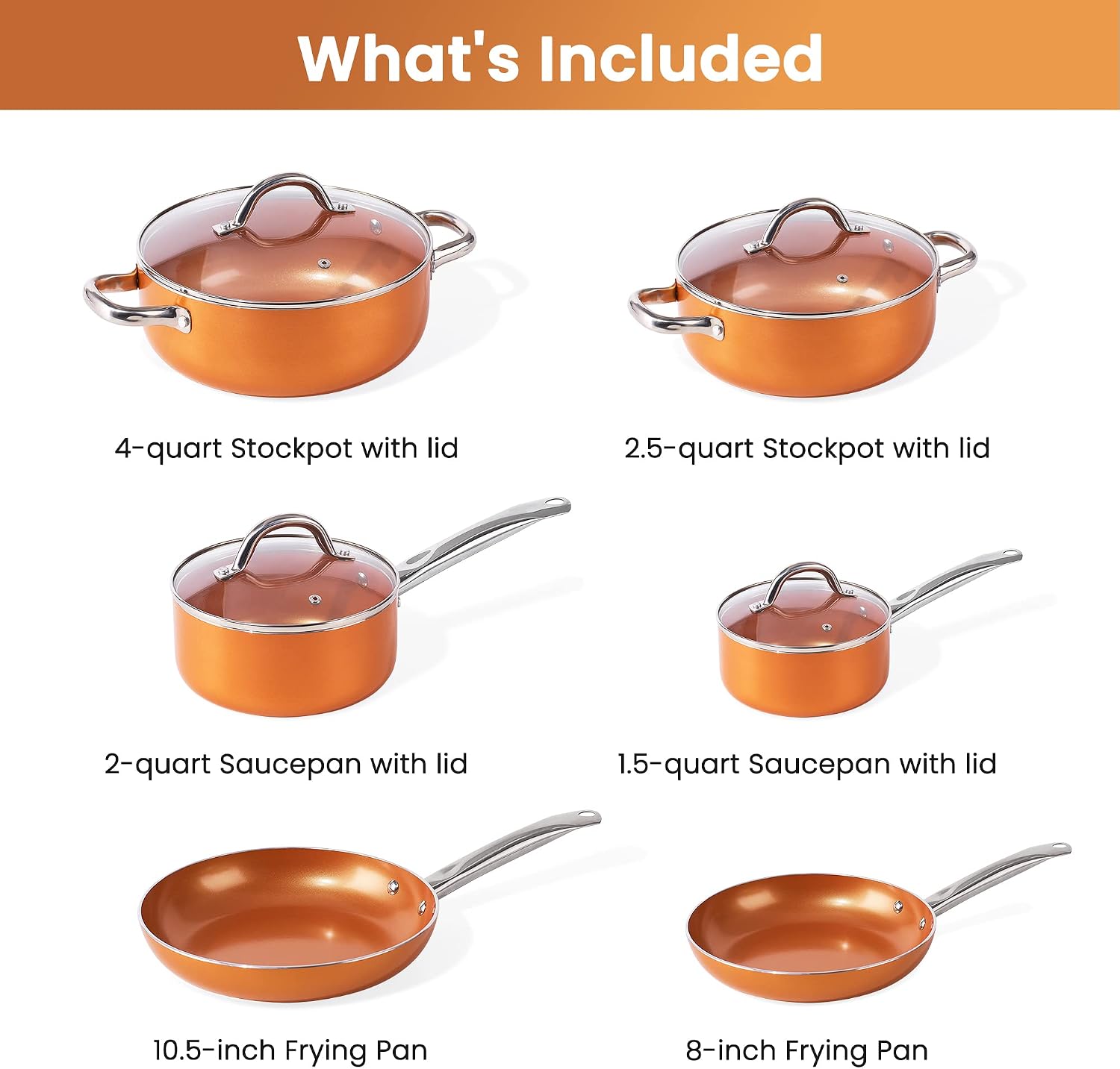 REDMOND Copper Pots and Pans Set, 10 Piece Nonstick Chef Cookware Set with Ceramic Coating, No Assembly Required Stainless Steel Handles, Dishwasher & Oven Safe, Orange