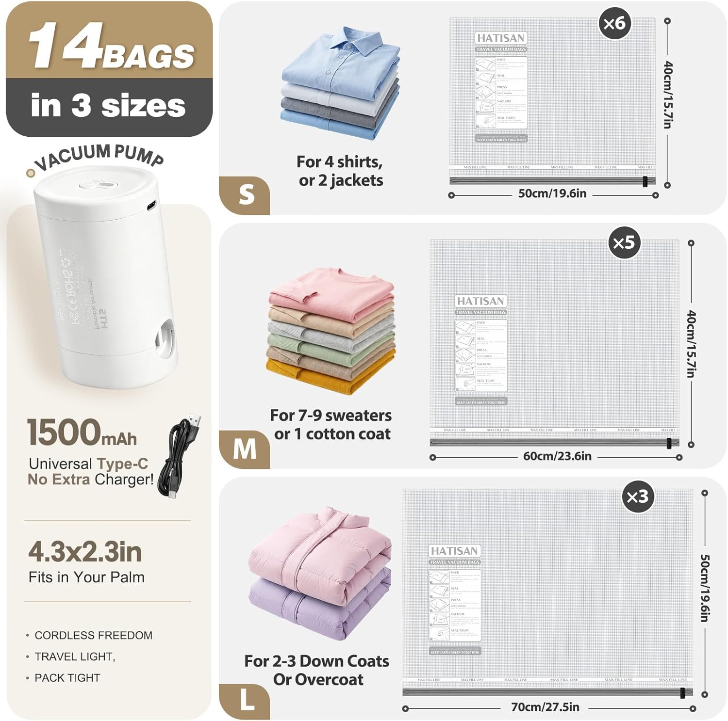 Vacuum Seal Bags for Clothing Travel with Rechargeable Electric Pump, Space Saver Vacuum Storage Bags Travel, Reusable Compression Bags for Luggage Home (14pcs Checkered) - Image 4