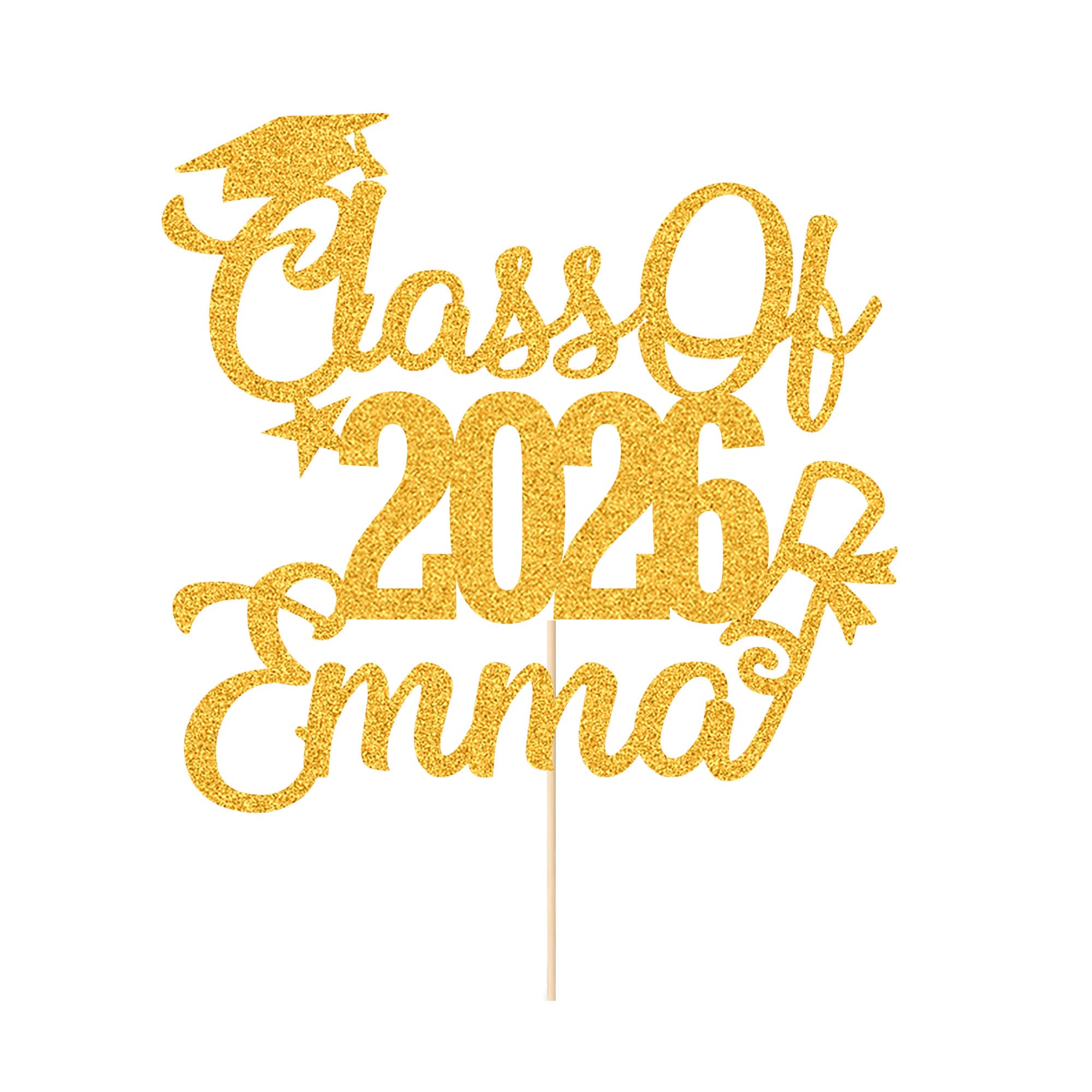 Personalised Cake Topper Custom Congrats Graduation Hat Student Class of 2026 Double Sided Glitter Card Gold