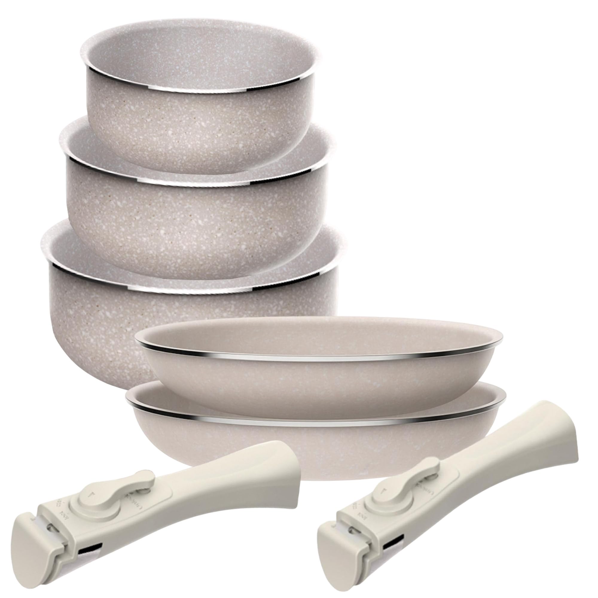 Juego de 5 pcs: 2 Sartenes Ø24Ø28cm y 3 Cacerolas Ø16Ø18Ø20cm en aluminio prensado con revestimiento ILAG con 2 mangos extraibles