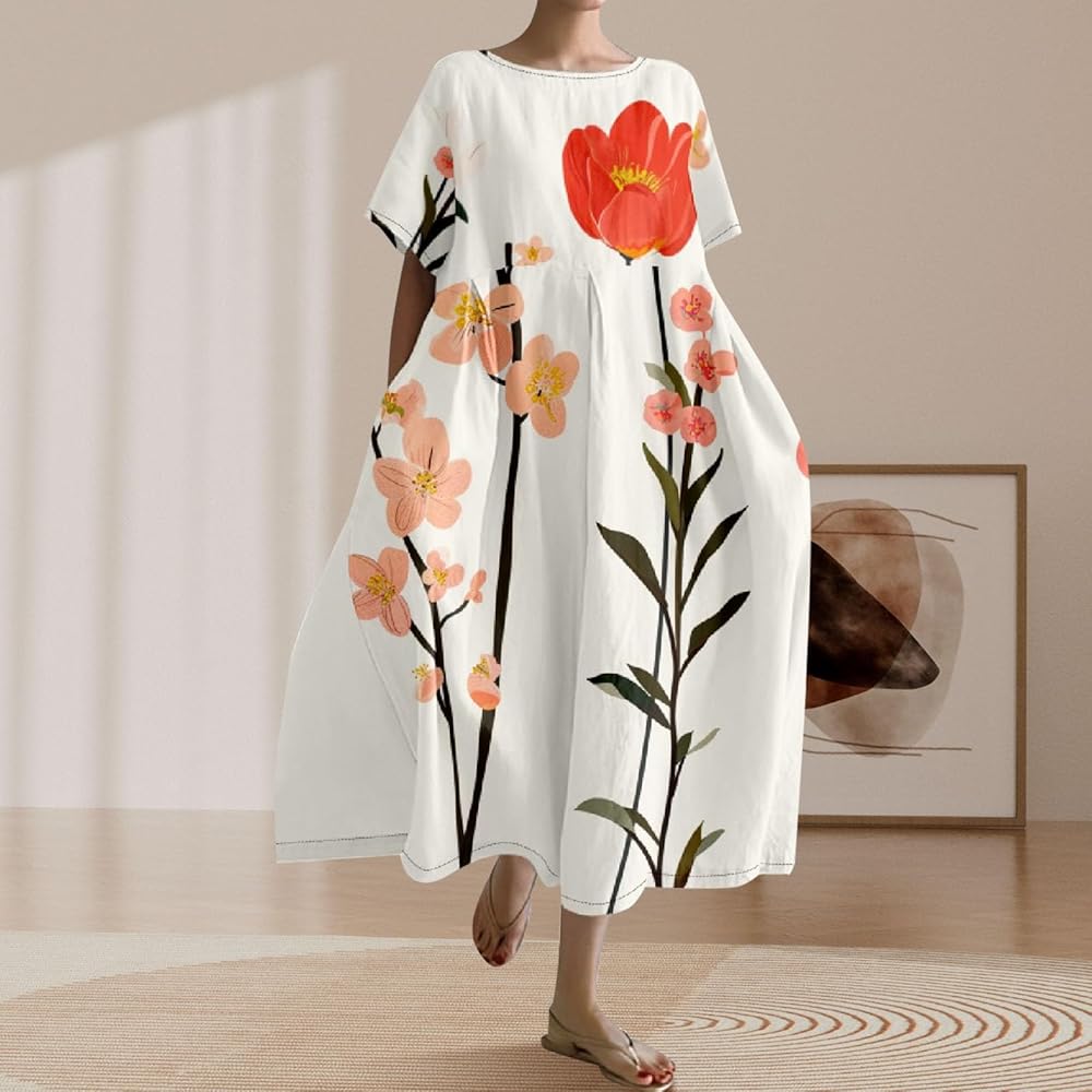 Amazon.com: Women Oversized Short Sleeve Loose Casual Fall Dress,ladies Hem  Swing Floral Print Crew Neck Streetwear Maxi Dresses : Clothing, Shoes &  Jewelry