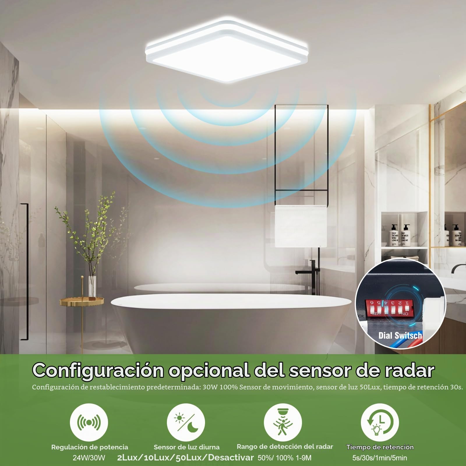 LEZOE Lámpara de techo LED con detector de movimiento IP65 impermeable, 24W/30W 4500lm 150(Lm/W), sensor 3000K/4000K/6500K Ideal para baño, garaje, sótano, pasillo, balcón, entrada 26*26*6cm Blanco
