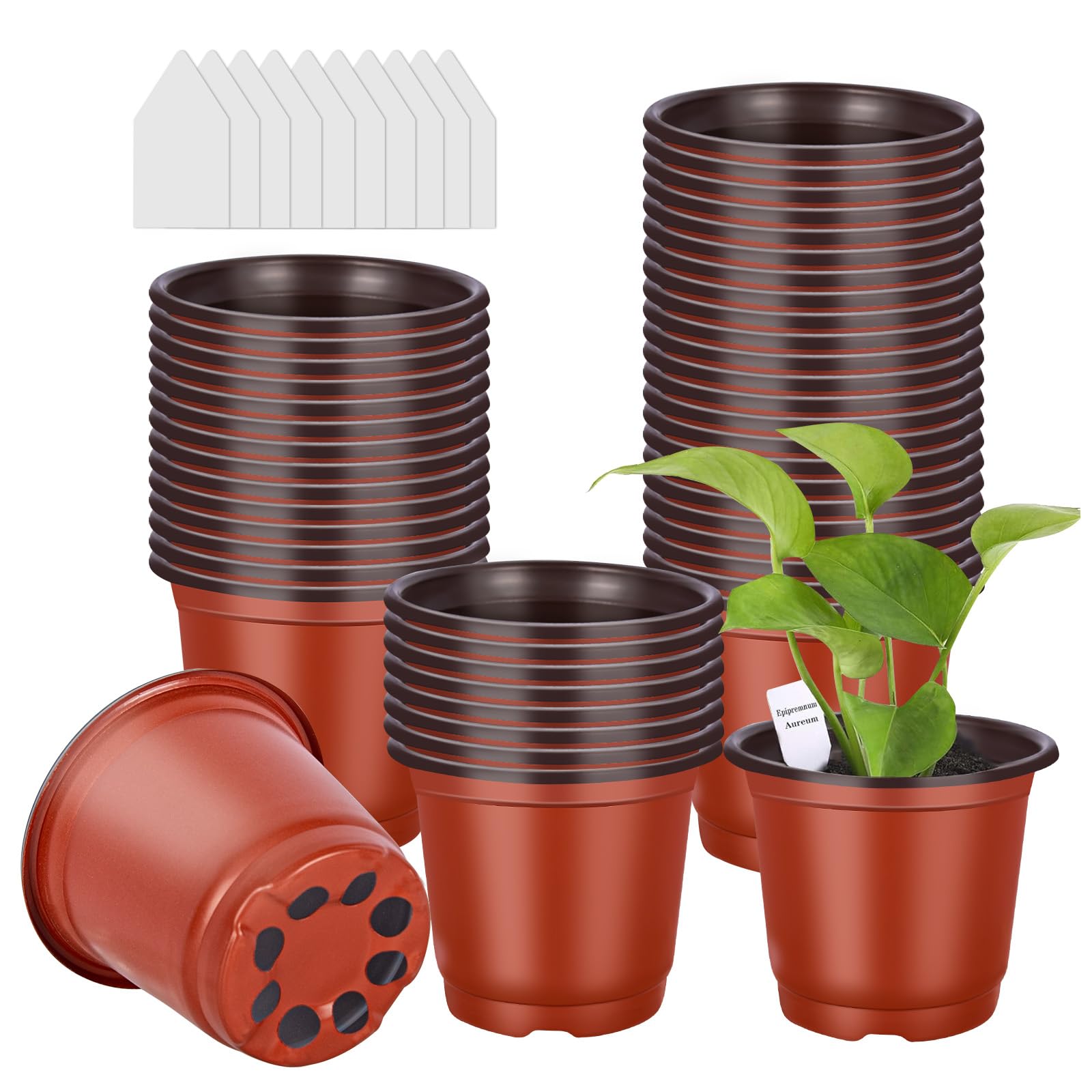 FORMIZON 100 Piezas Macetas de Plástico, 10 cm Plantas Pequeña Macetas de Vivero de Plástico con 10 Etiquetas, Macetas de Plástico para Plantas, Flores y Jardinería