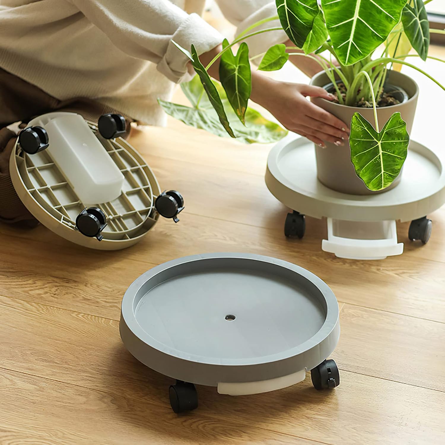 Plant Stand with Wheels, Rolling Plant Caddy Plant Dolly, Plastic Plant Roller Base, Movable Plant Tray with Wheels, Planter Trolley for Indoor Outdoor Potted Plants, Beige, 11.42in