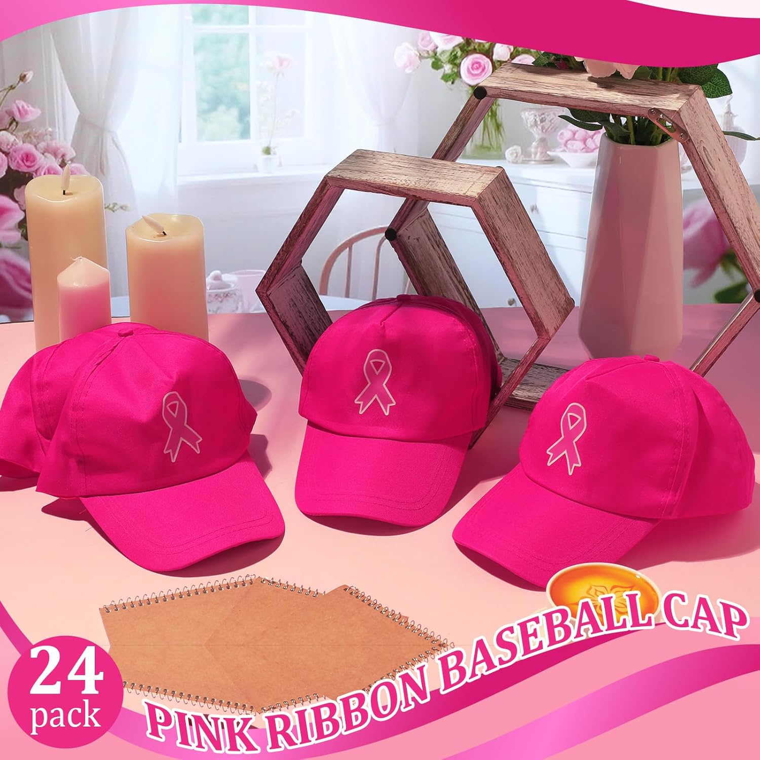 24 Pack Breast Cancer Awareness Hats, Pink Ribbon Hope Caps Charity Race Caps Bulk for Women Breast Cancer Procession Fundraising Volunteering Fundraiser Events Charity Gifts