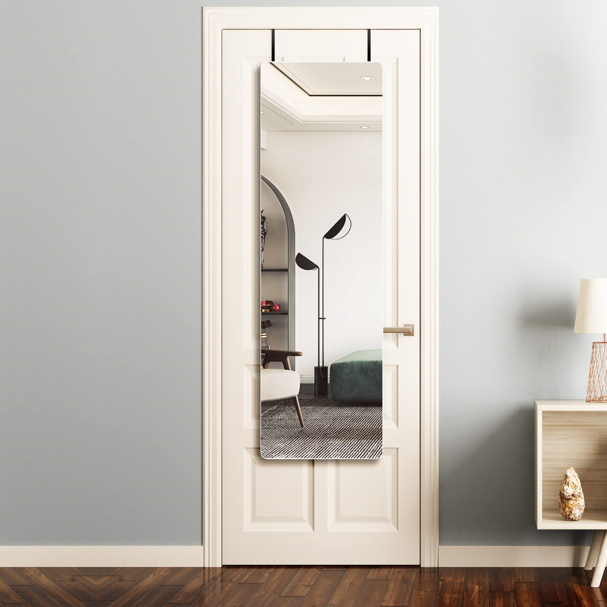 Vlsrka 47"x14" Full Length Wall Mounted Mirror, Over The Door Hanging Mirror, Full Size Rectangle Mirror, Dressing Body Mirror for Bedroom Living Room Bathroom, Round Corner