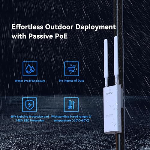 Miniatura 7 de Tenda Punto de acceso Wi-Fi para exteriores AC1200 de doble banda (OAP1200), MU-MIMO, IP65 impermeable, alimentación PoE, ideal para patio trasero y