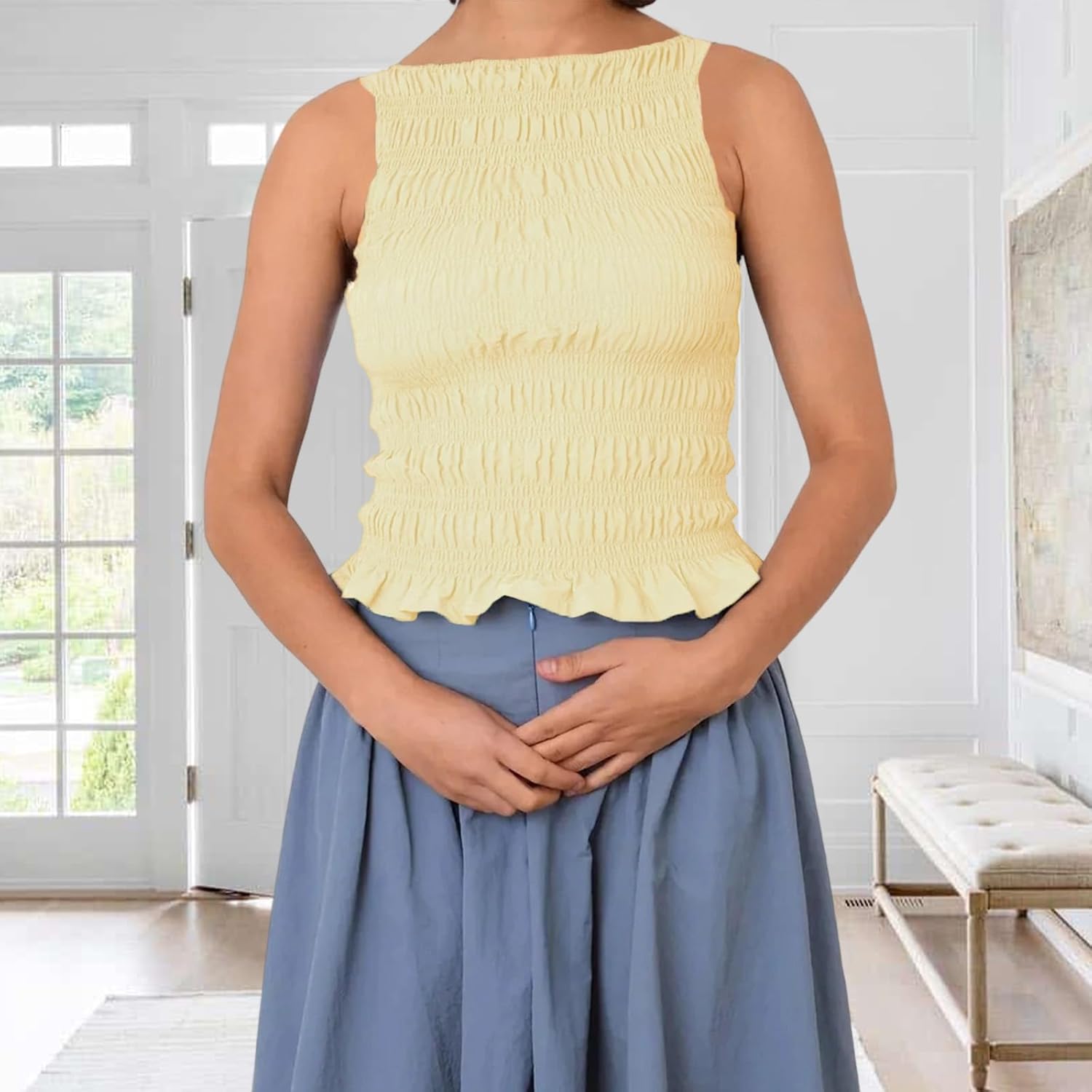 Shirred Tank Top Women Smocked Ruffle Frill Sleeveless Y2k Halter Peplum Top Ruffled Going Out Tops Streetwear - Image 4