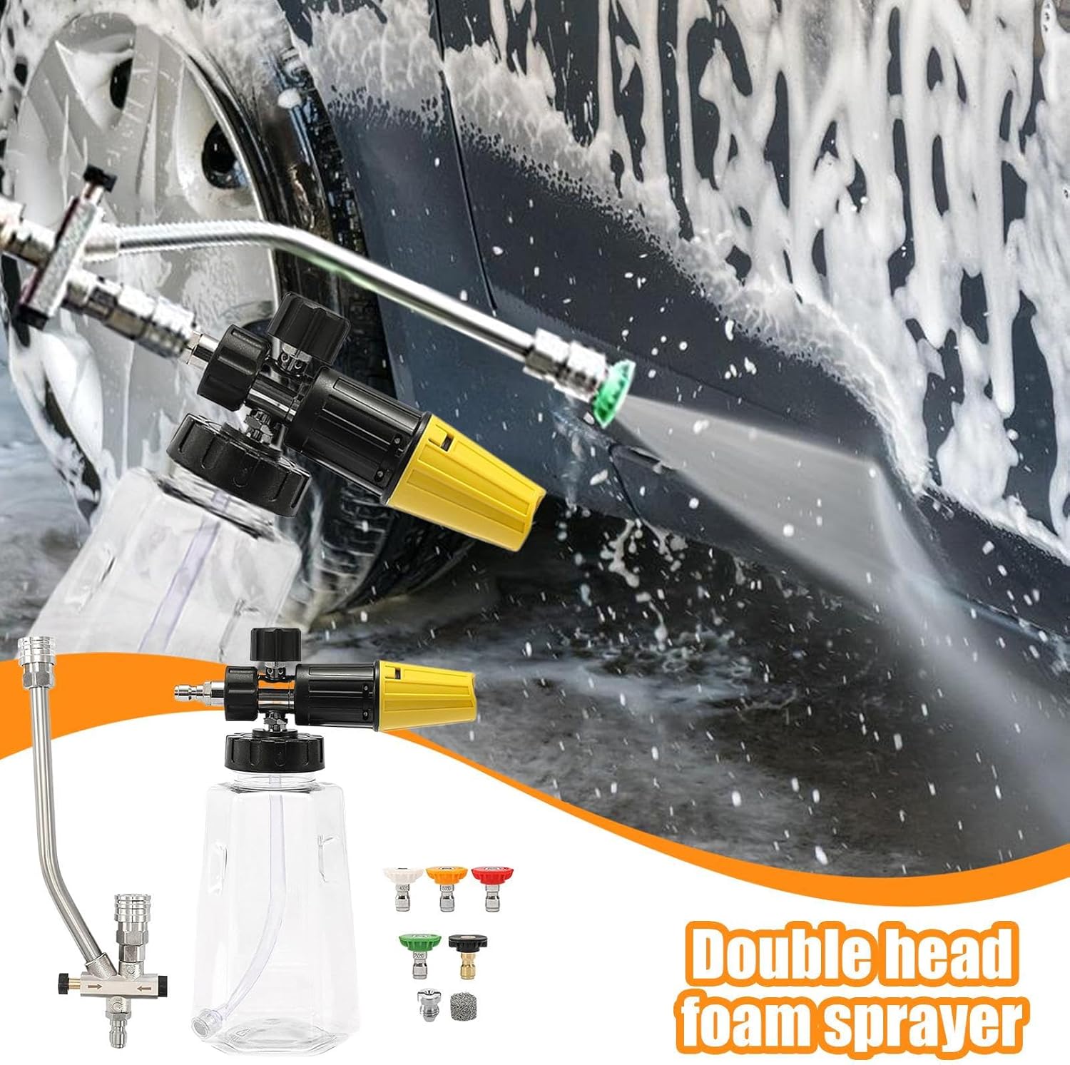 泡洗用スプレーノズル, 車両洗浄用フォーミングスプレーヤー, 5種類ノズル付 クイックコネクター 1000ml 多用途洗浄用
