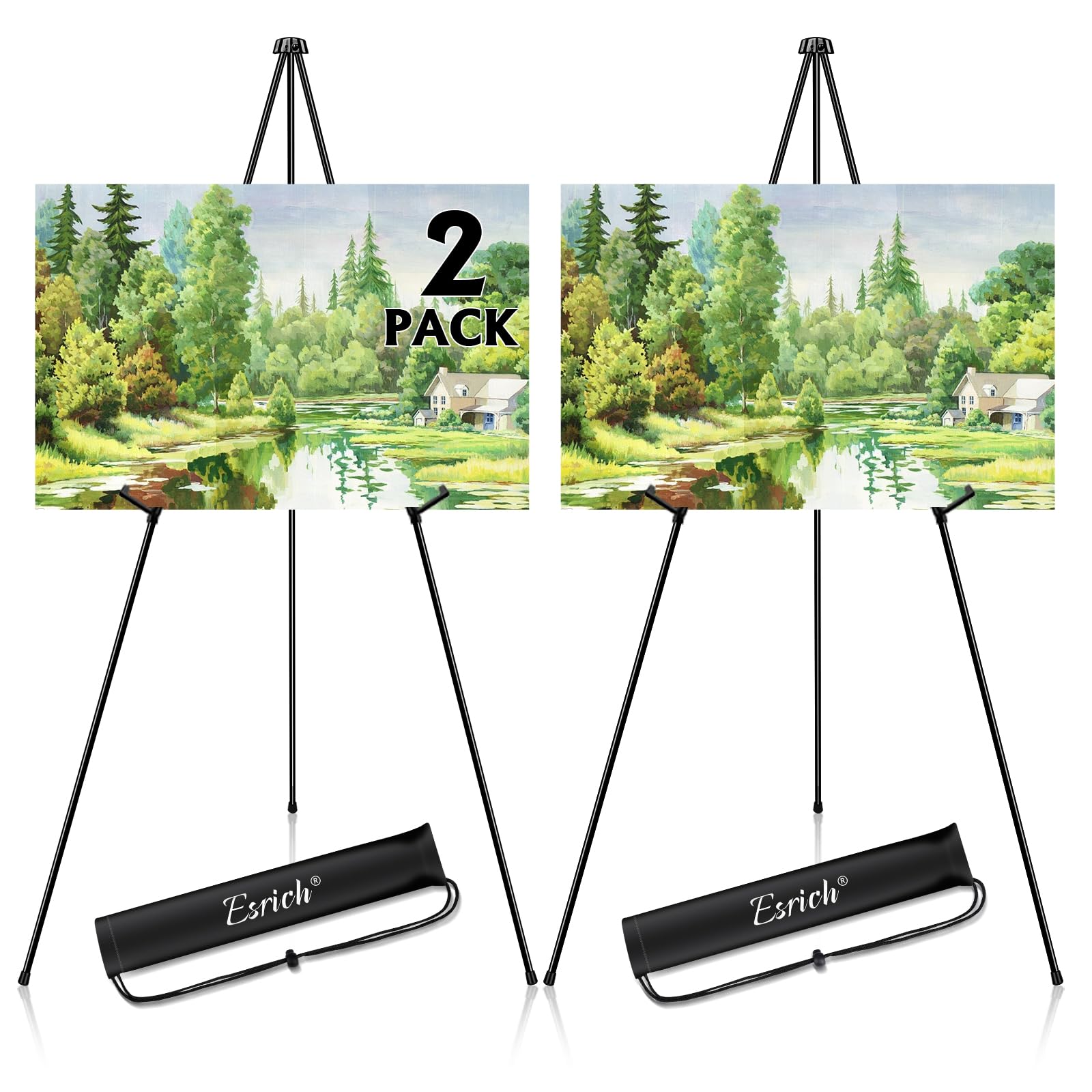 ESRICH 2 Pack Easel Stand for Sign, 63" Easels for Display, Lightweight Metal Easels for Signs Wedding Logos,Arts, Painting,Adjustable Easel Stand with Storage Bag