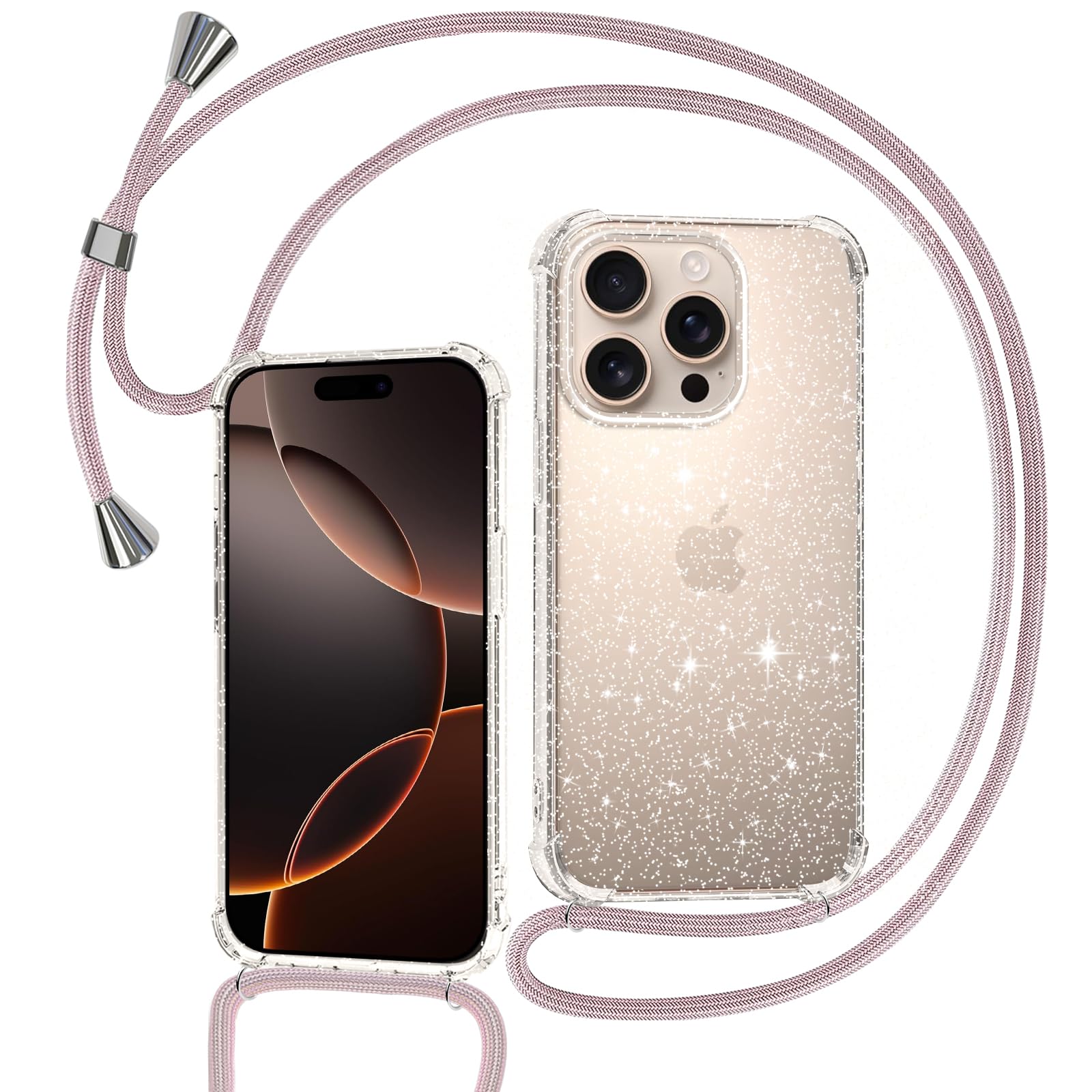 Coque Paillettes Pour IPhone 17 Pro Max Avec Cordon – Collier Réglable – Protection TPU Souple – Transparent Scintillant – Charge Sans Fil