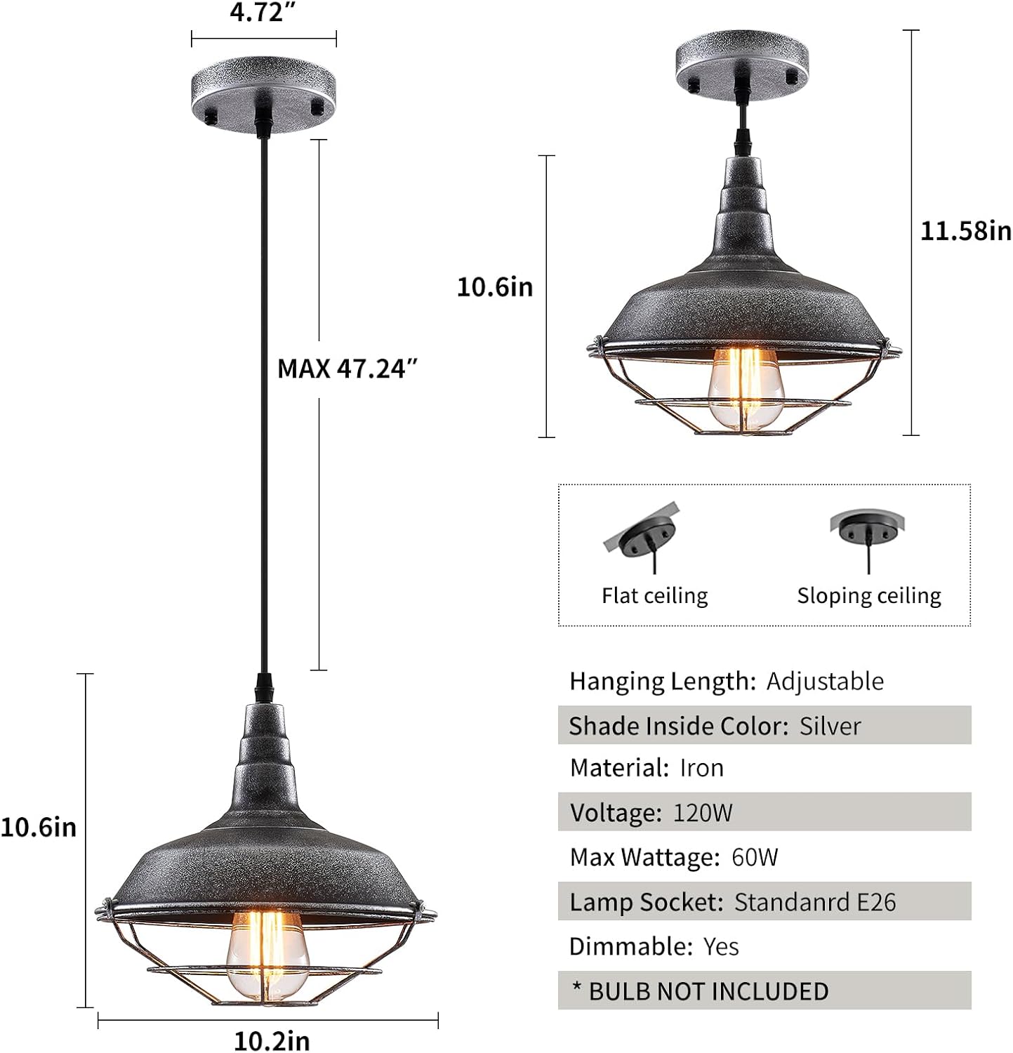Black and Silver Pendant Light fixtures 10.5 inches 3 Packs, Matte Pendant Lights Kitchen Island, Industrial Pendant Light, Vintage Farmhouse Pendant Lights for Dinning Room Entryway Barn
