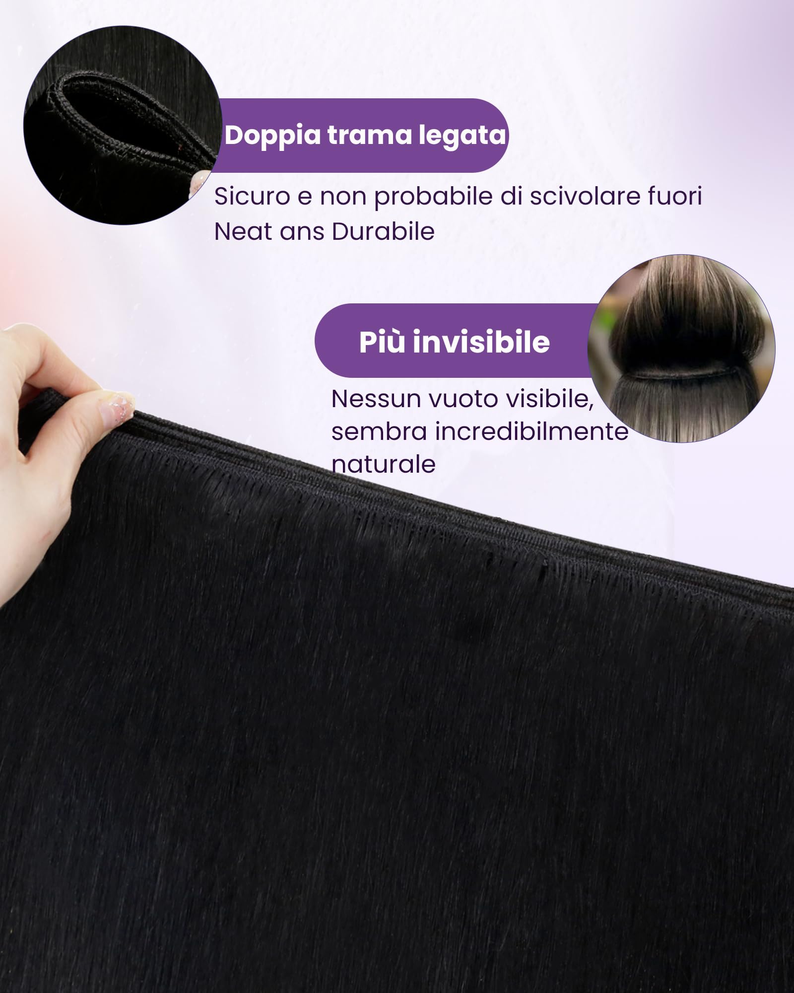 LaaVoo 60cm Extension Capelli Veri Tessitura Nero Jet 120g Matassa Leggera Remy