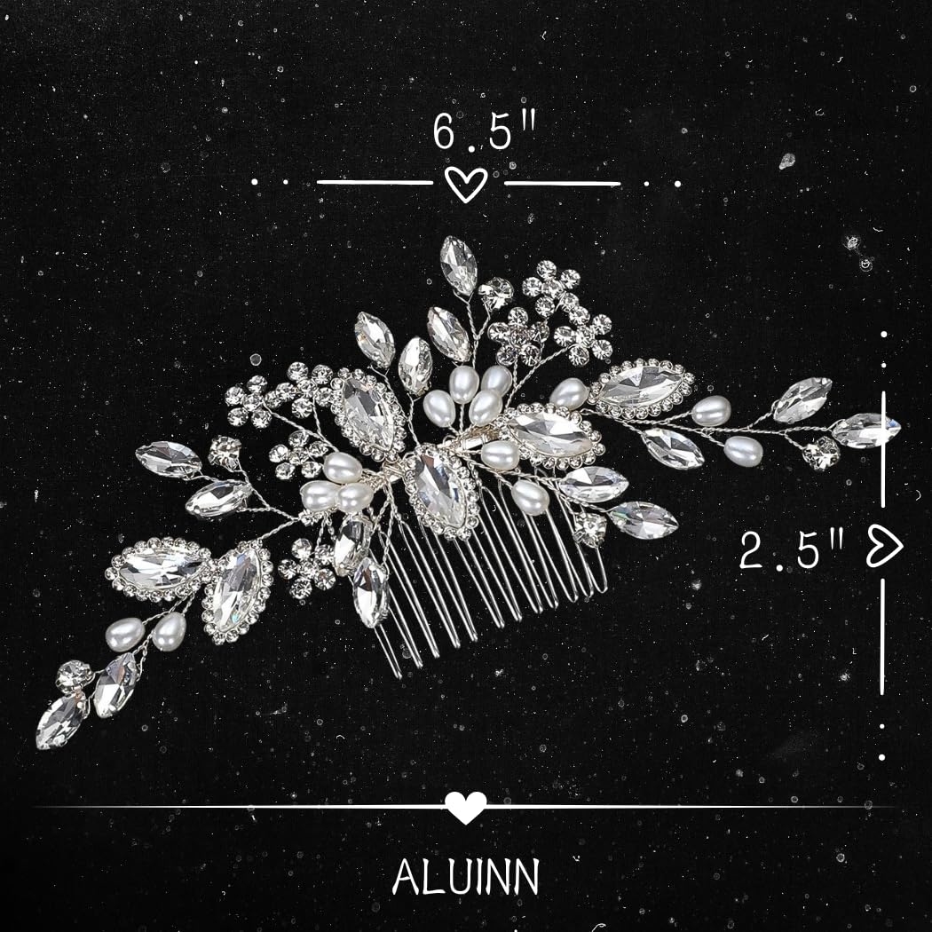 ALUINN Crystal Bride Hair Comb Pearl Hair Piece Rhinestone Wedding Bridal Hair Accessories for Women Brides and Bridesmaids (Silver) - Image 6