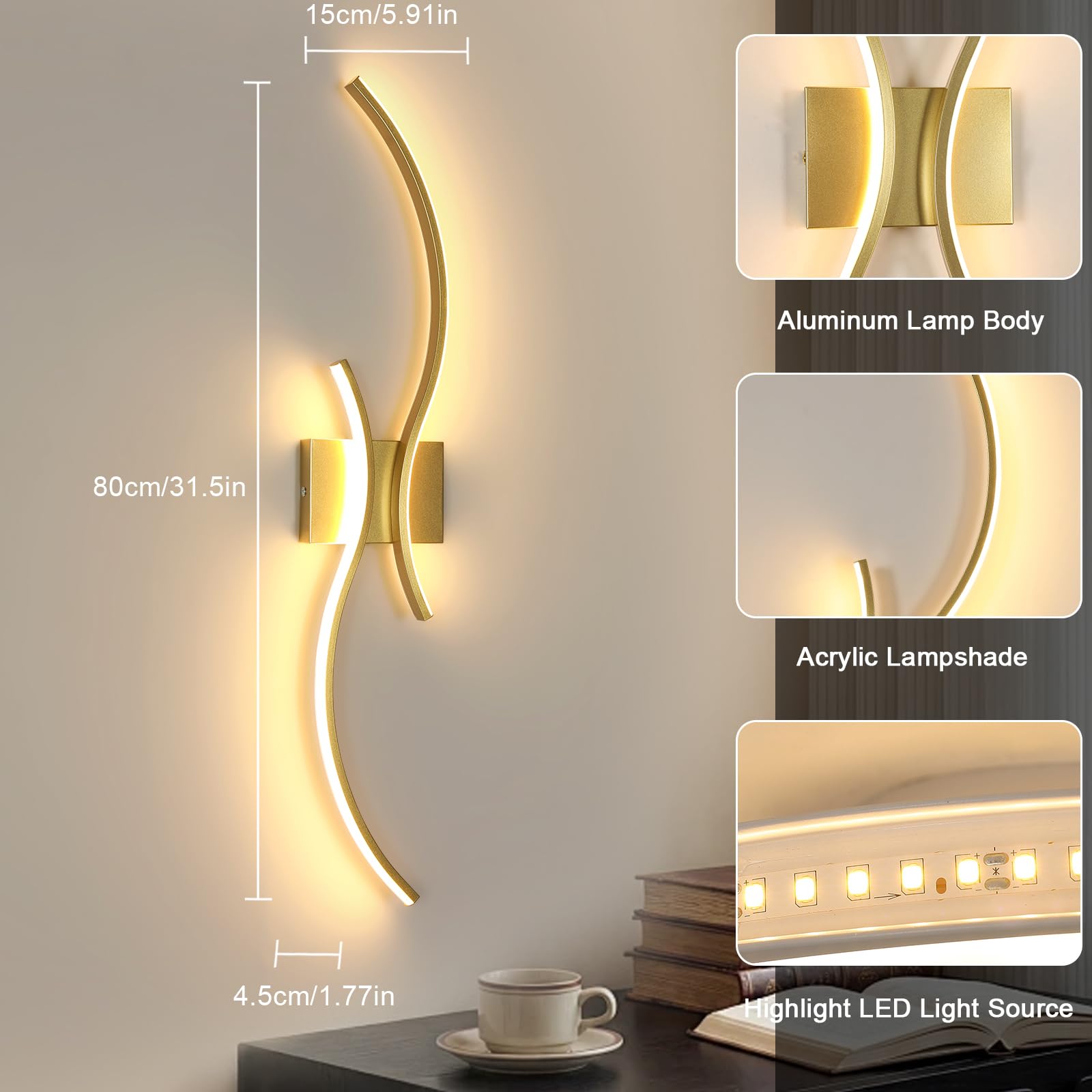 Comely Kinkiet Wewnętrzny, 32W 3600LM Regulowana Lampa Ścienna LED Z Pilotem, 80CM Złota Aluminiowa Oprawa Ścienna Do Sypialni Salonu Schodów Korytarza, 3000K-6500K