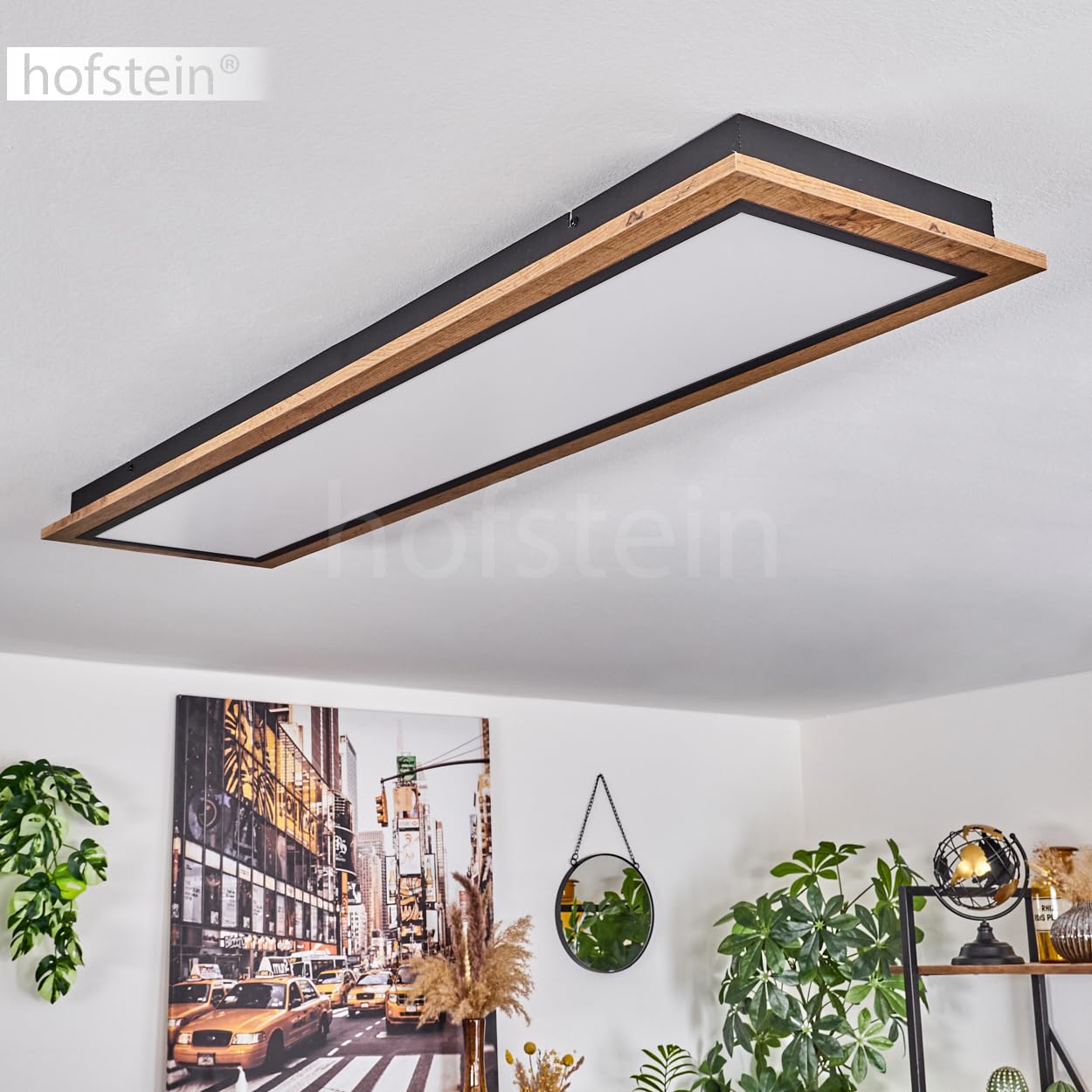 HOFSTEIN LED Deckenleuchte Salmi, moderne Deckenlampe aus Metall/MDF/Kunststoff in Schwarz/Holzoptik/Braun/Weiß, rechteckige Leuchte 120 cm x 30 cm, 4000 Lumen, 3000 Kelvin, 36 Watt, Wohnzimmer, Küche