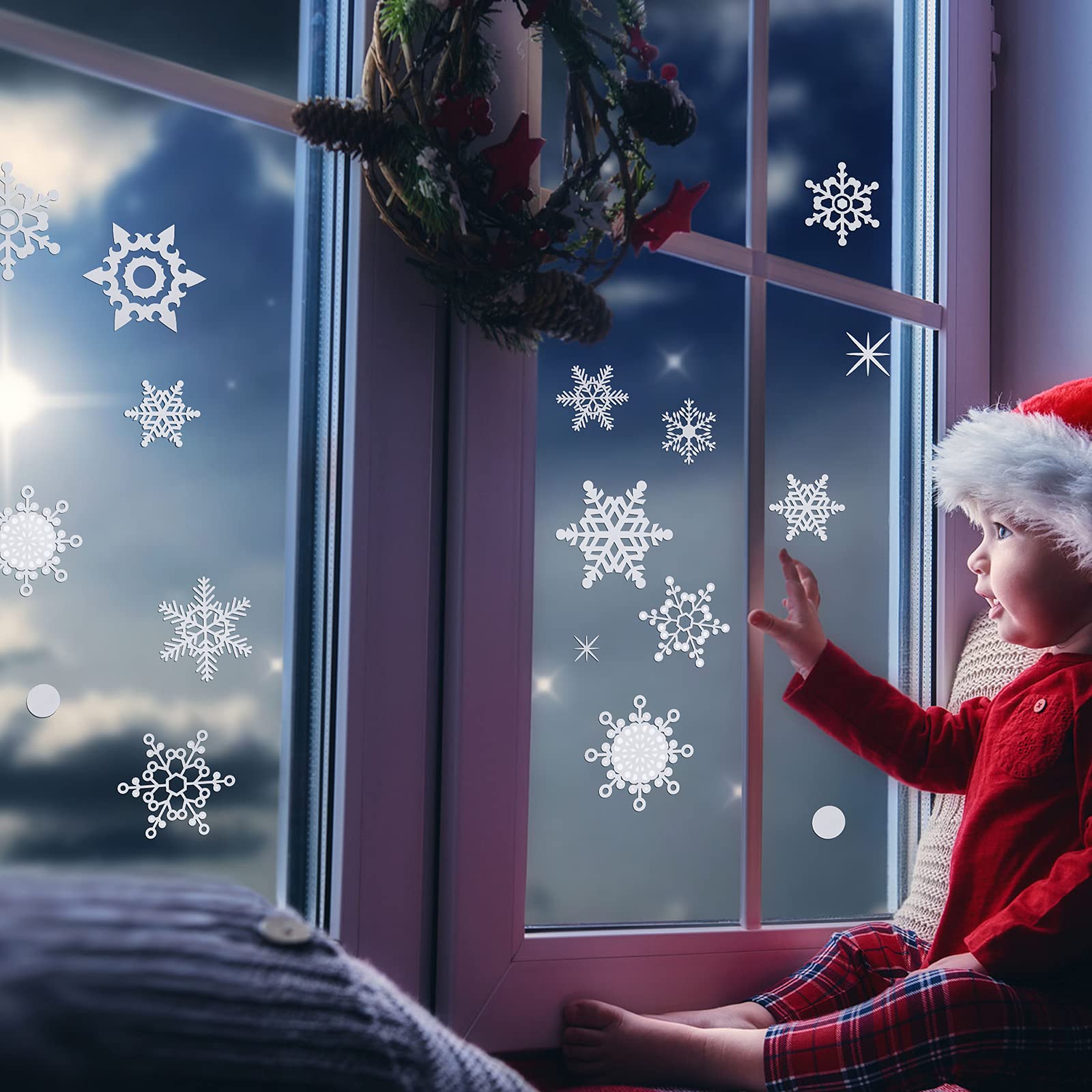 9 Adesivi Natalizi Glitterati Per Finestre – Blù, Pupazzi Di Neve E Fiocchi, PVC Statico Rimovibile, 20x30 Cm, Decorazioni Invernali Per Casa