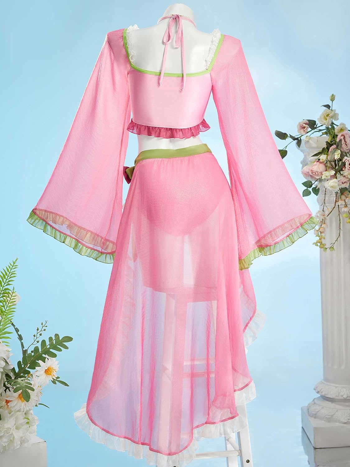 haikyuu Women Retro Two Piece Swimsuit with Wrap Skirt Ruffle Swimsuit Cosplay Pink Cute Swimwear