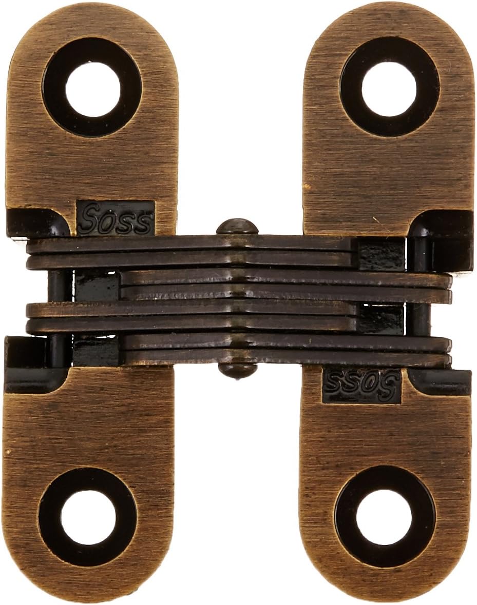 SOSS 203 Zinc Invisible Hinge with Holes for Wood or Metal Applications, Mortise Mounting, Antique Brass Exterior Finish (Pack of 2)